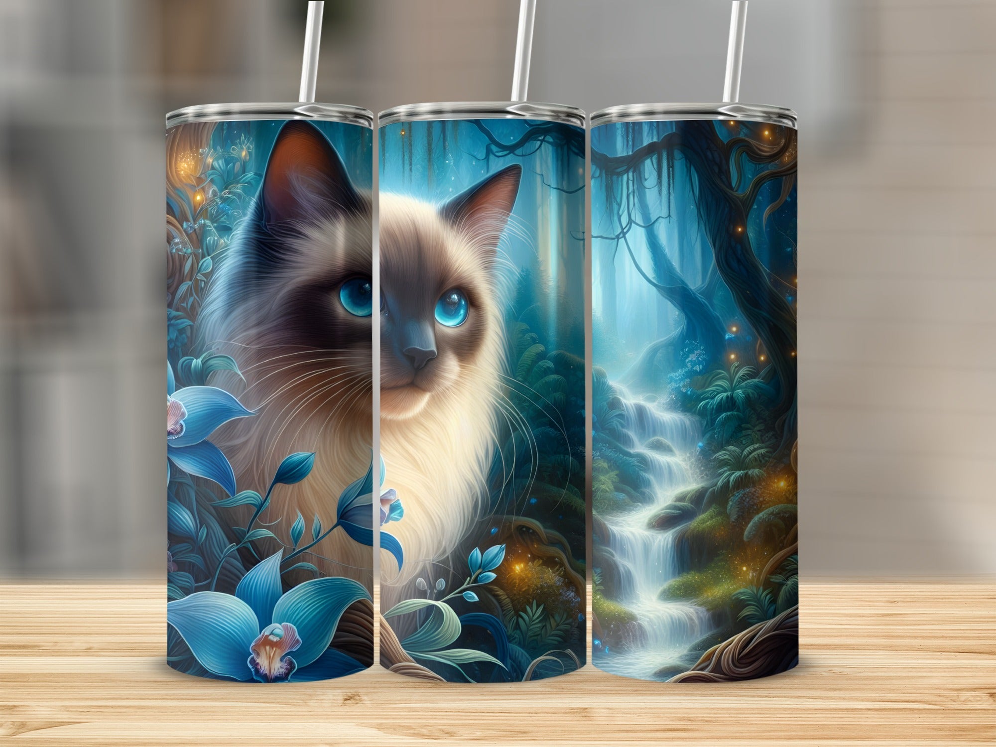 Siamese cat and magical forest waterfall on three tumblers.