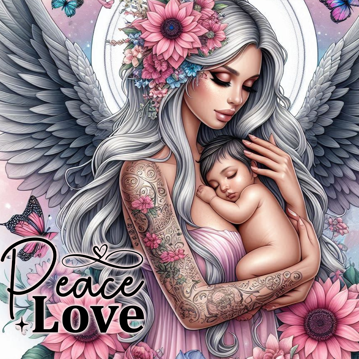 Angel holding sleeping baby with flowers and butterflies, text "Peace Love".