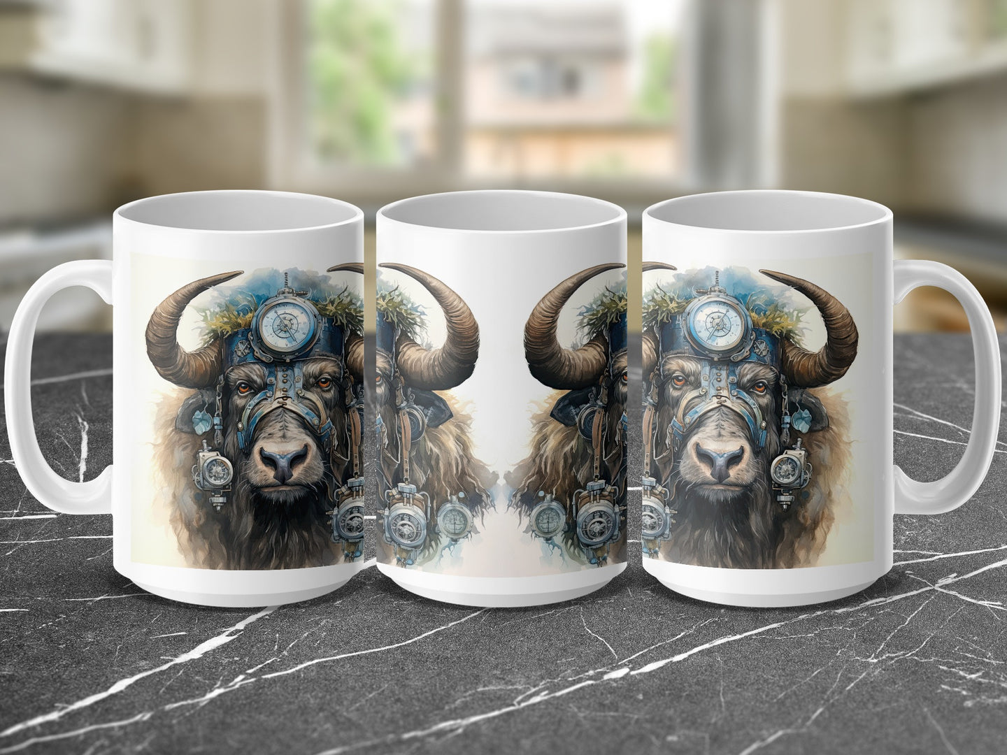 Steampunk bull head design on three white mugs, displayed on a marble surface.