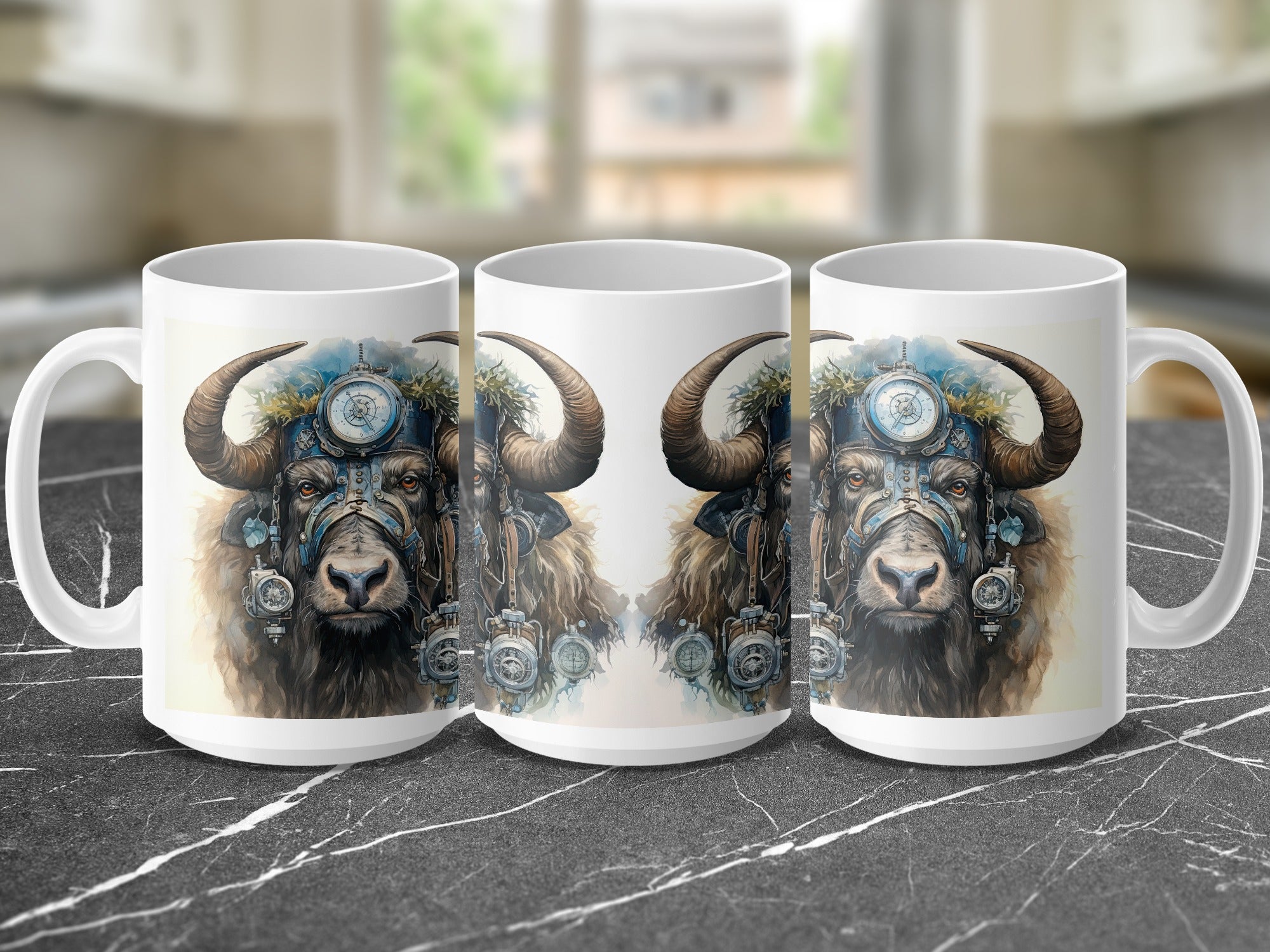 Steampunk bull head design on three white mugs, displayed on a marble surface.