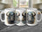 Steampunk bull head design on three white mugs, displayed on a marble surface.