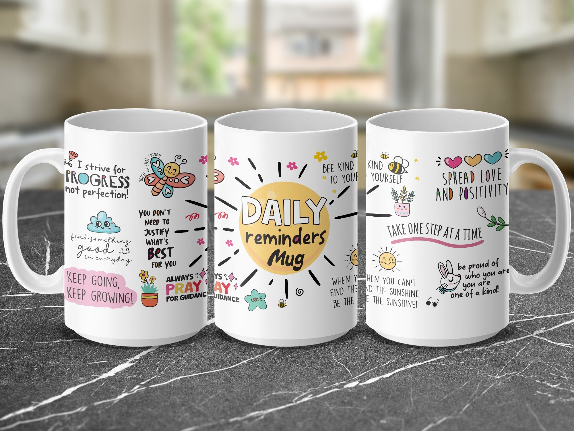 Daily reminders mug with inspirational quotes and floral designs.