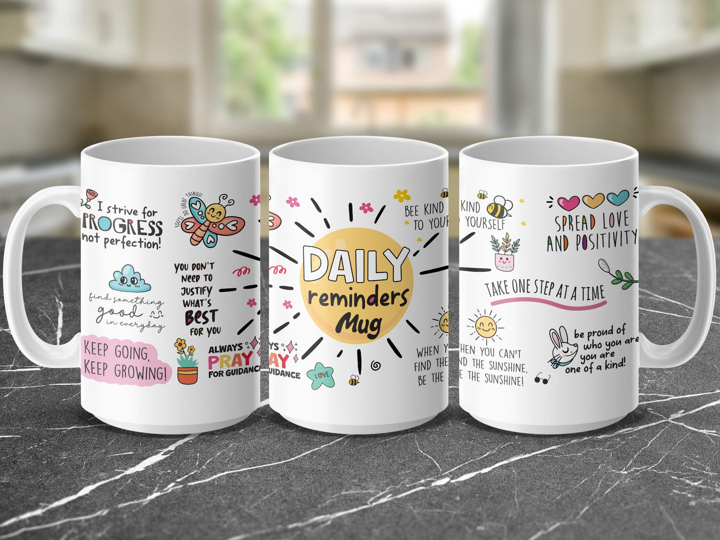 Daily reminders mug with inspirational quotes and floral designs.