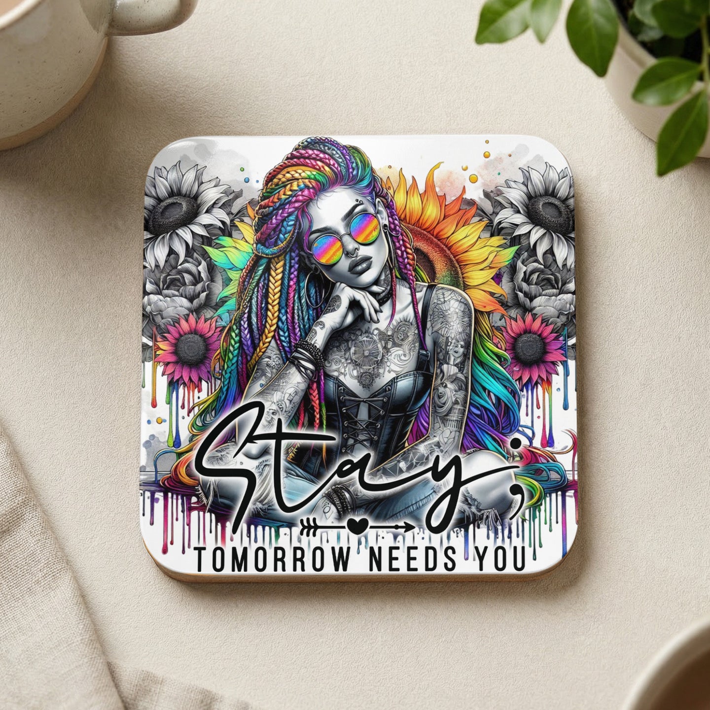 Woman with colorful dreadlocks, sunglasses, and tattoos on a coaster with sunflowers and text.