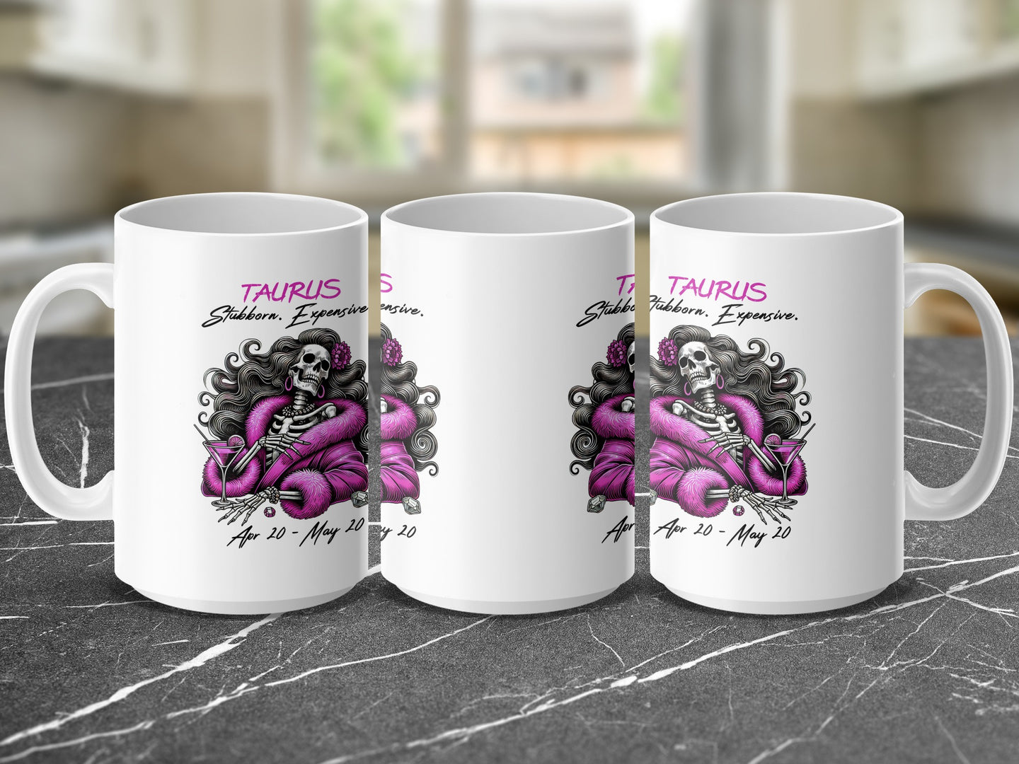 Taurus mug with skeleton, pink fur coat, and astrological dates.