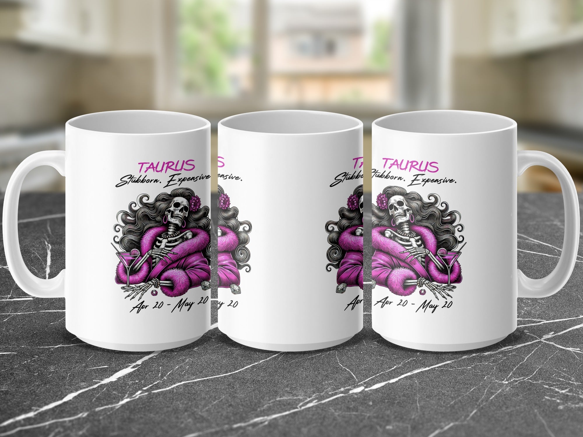 Taurus mug with skeleton, pink fur coat, and astrological dates.