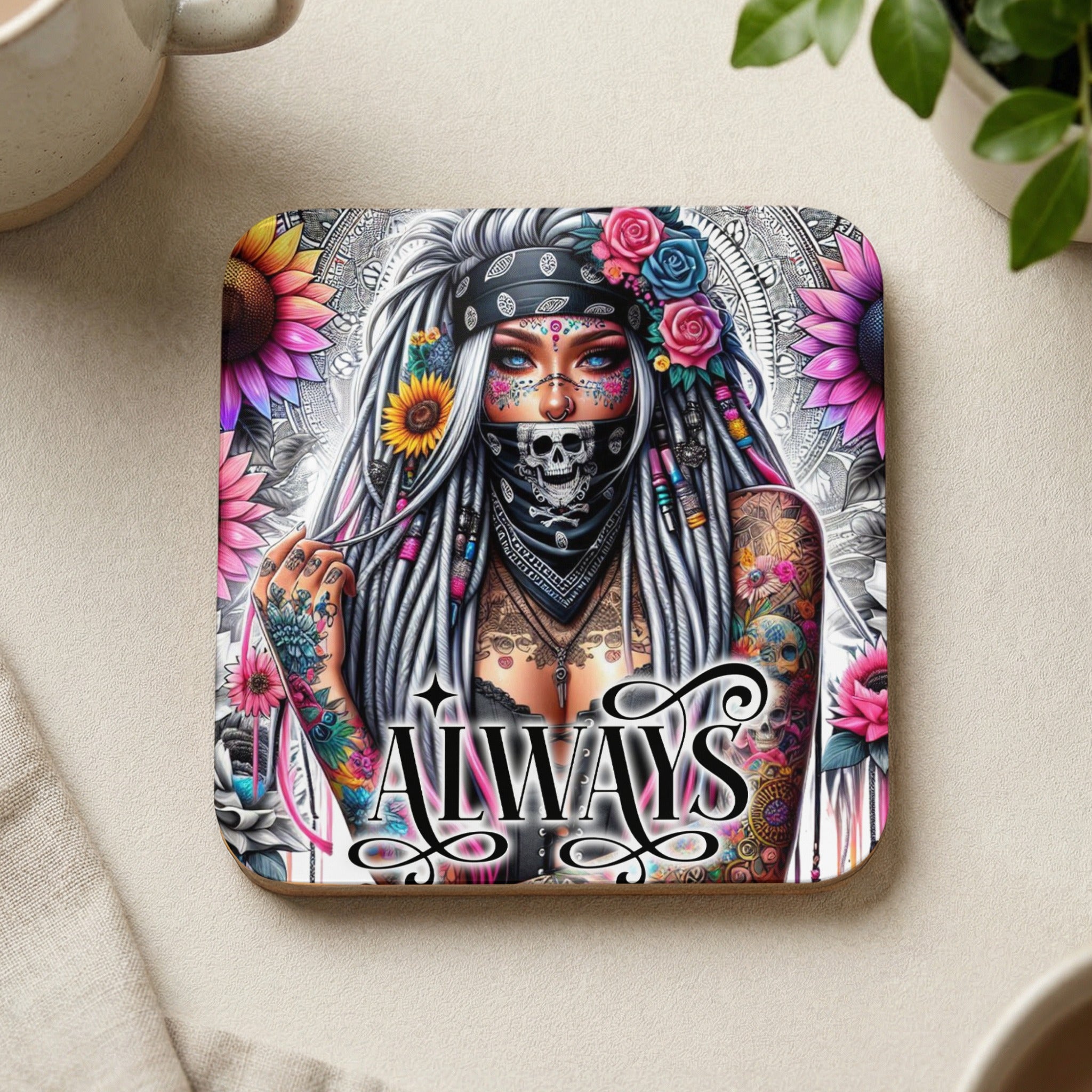 Woman with colorful tattoos, flowers, and bandana, "Always" text.
