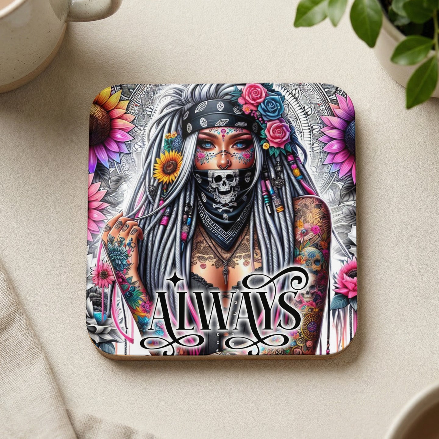Woman with colorful tattoos, flowers, and bandana, "Always" text.
