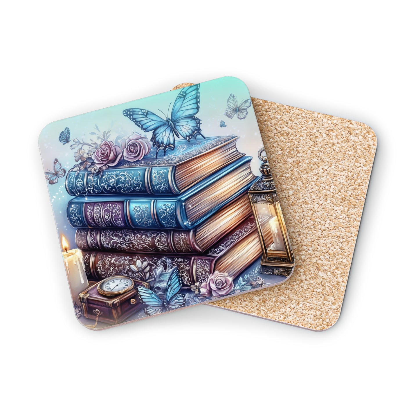 Stack of vintage books with butterflies and a lantern, with cork backing.