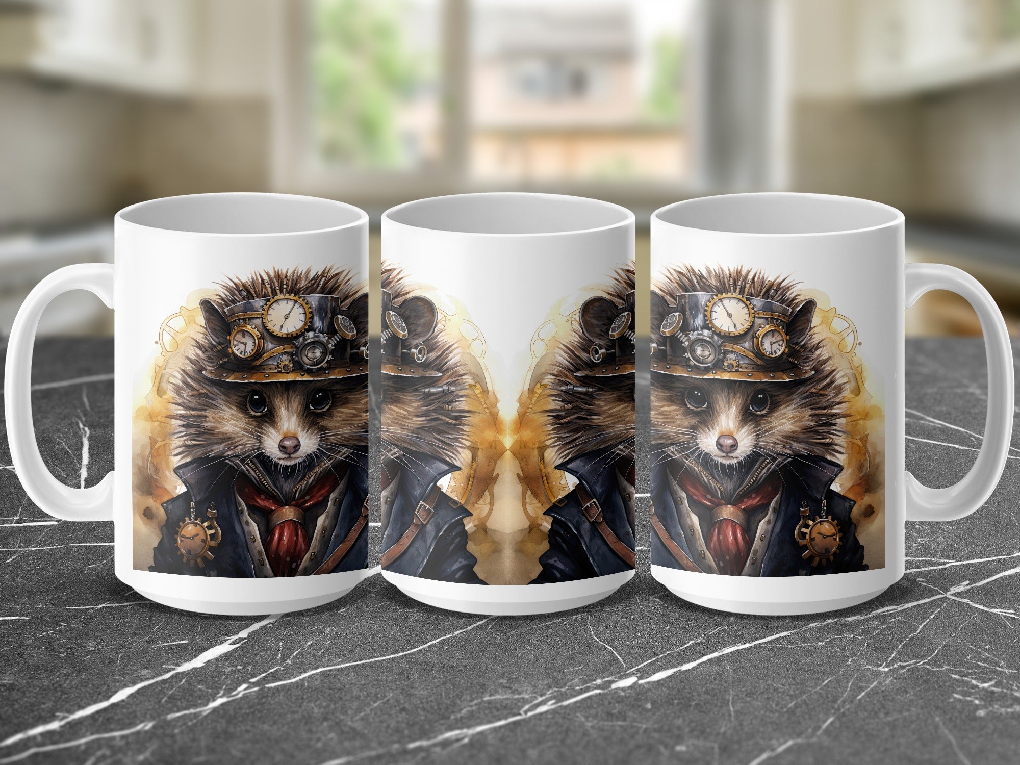 Steampunk hedgehog wearing goggles and a hat on three mugs.