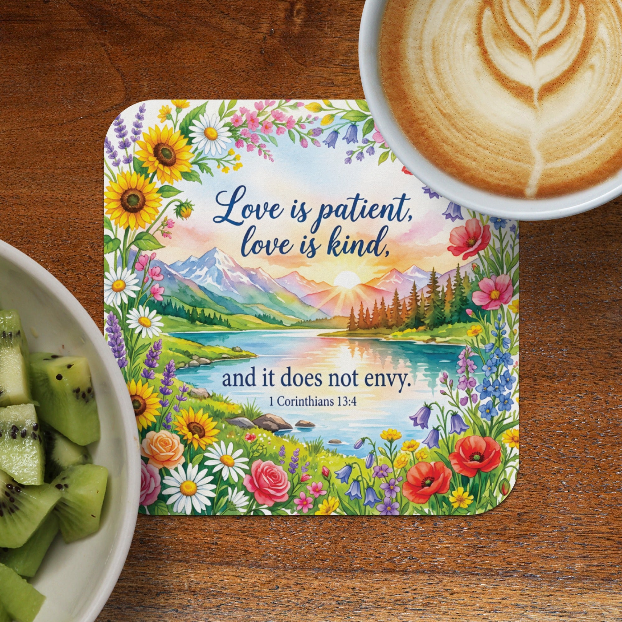 Floral border with Bible verse "Love is patient, love is kind" and coffee cup.