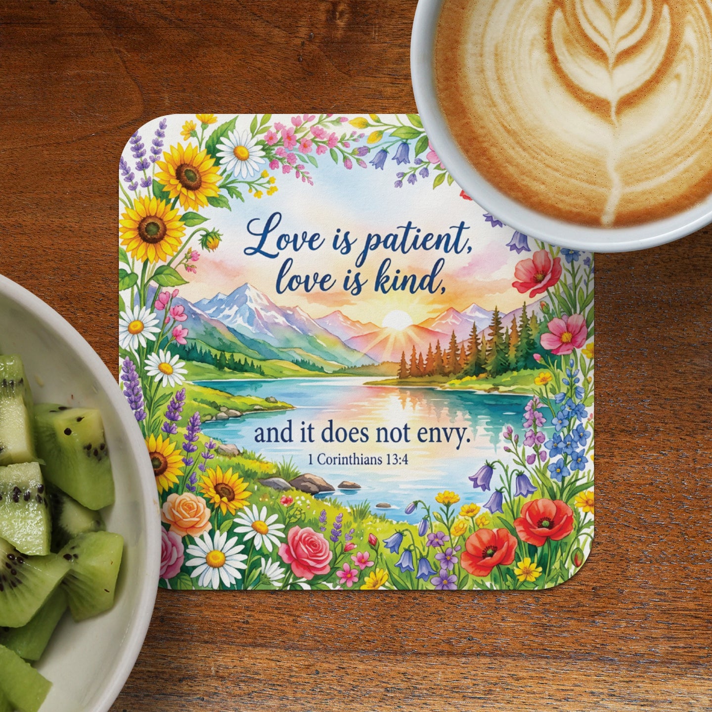 Floral border with Bible verse "Love is patient, love is kind" and coffee cup.
