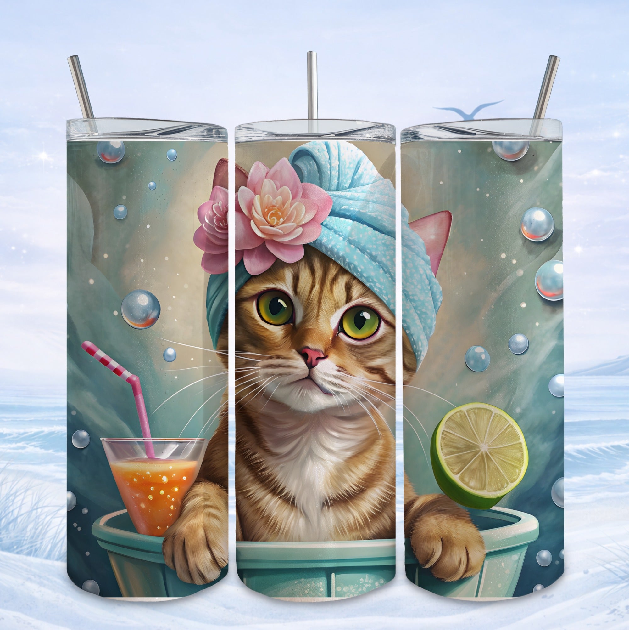 Striped cat with a towel on its head wearing a flower, holding a drink.