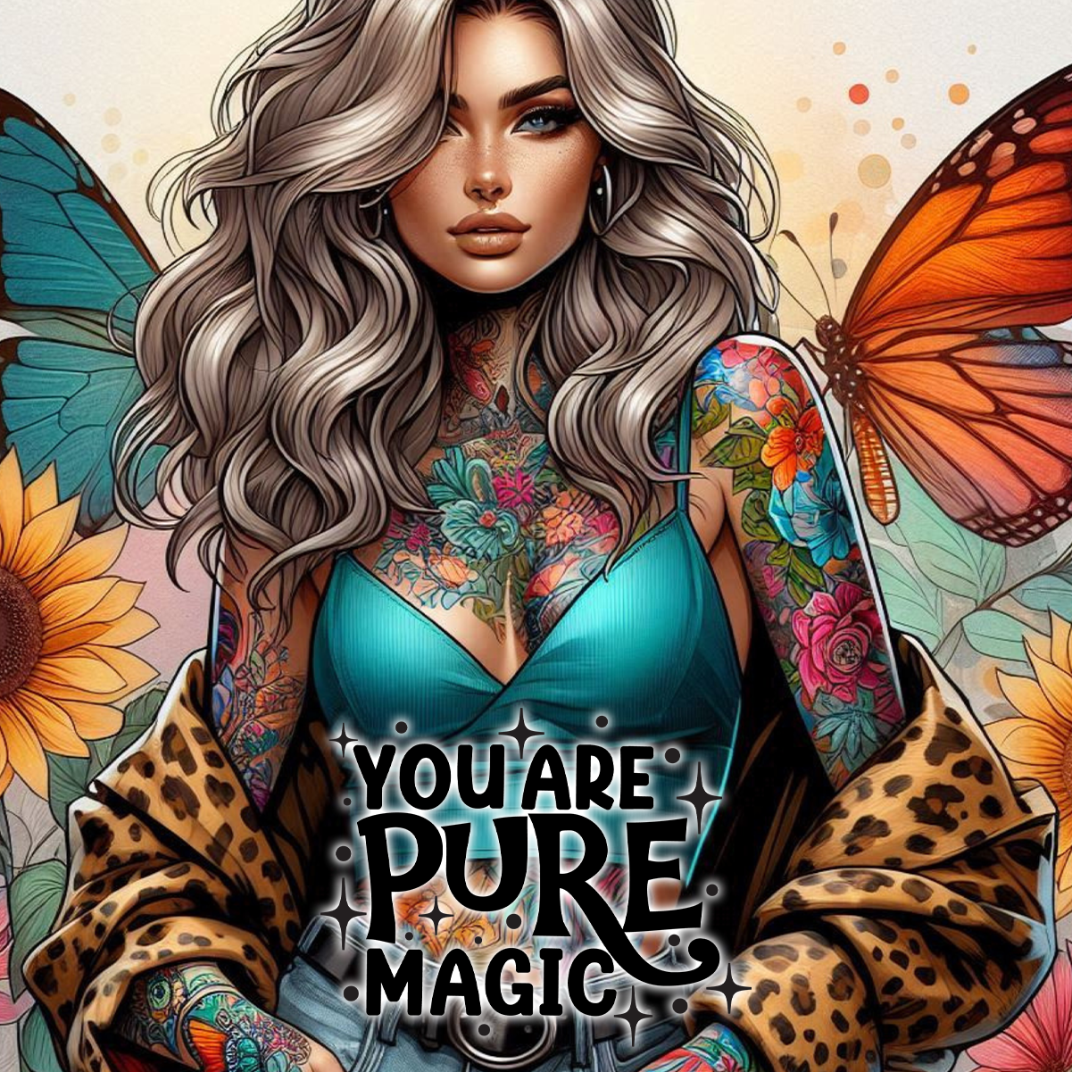 Woman with butterfly wings and floral tattoos, wearing a leopard print jacket.