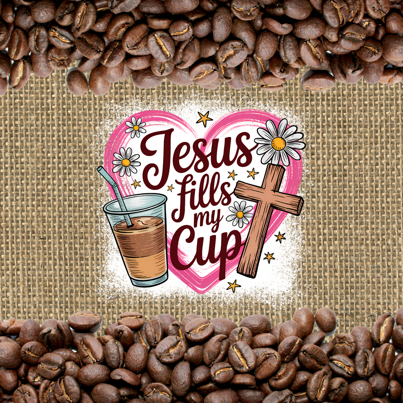Jesus fills my cup with coffee and a wooden cross.