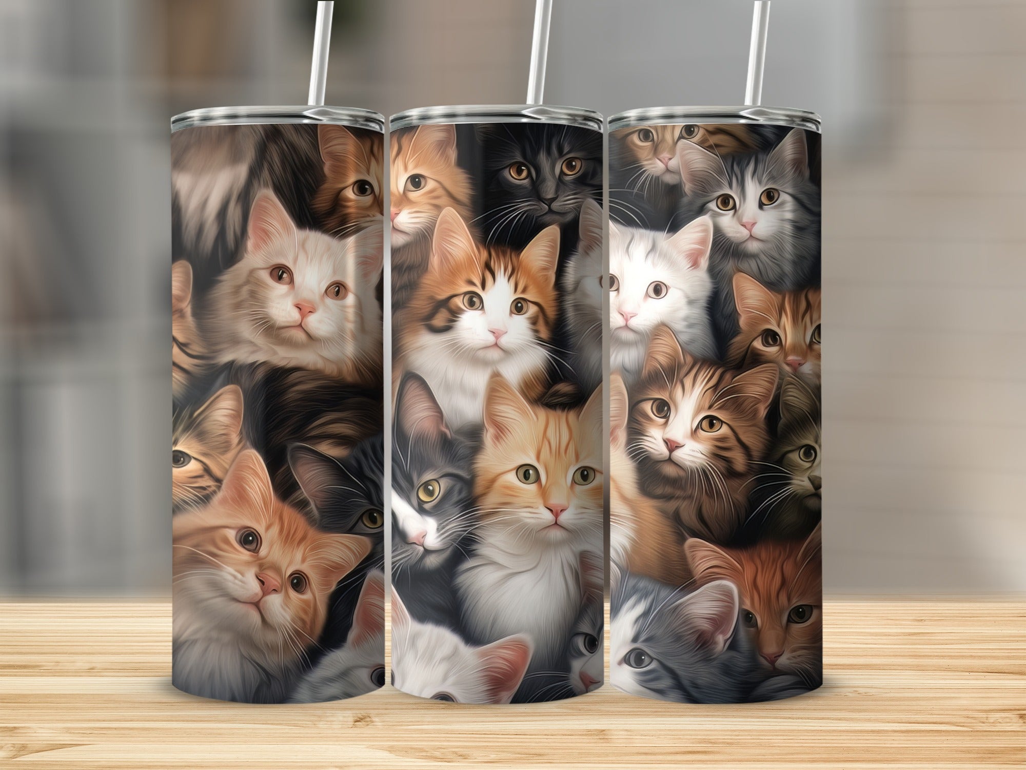 Collage of diverse cat faces filling a tumbler, with a wooden surface.