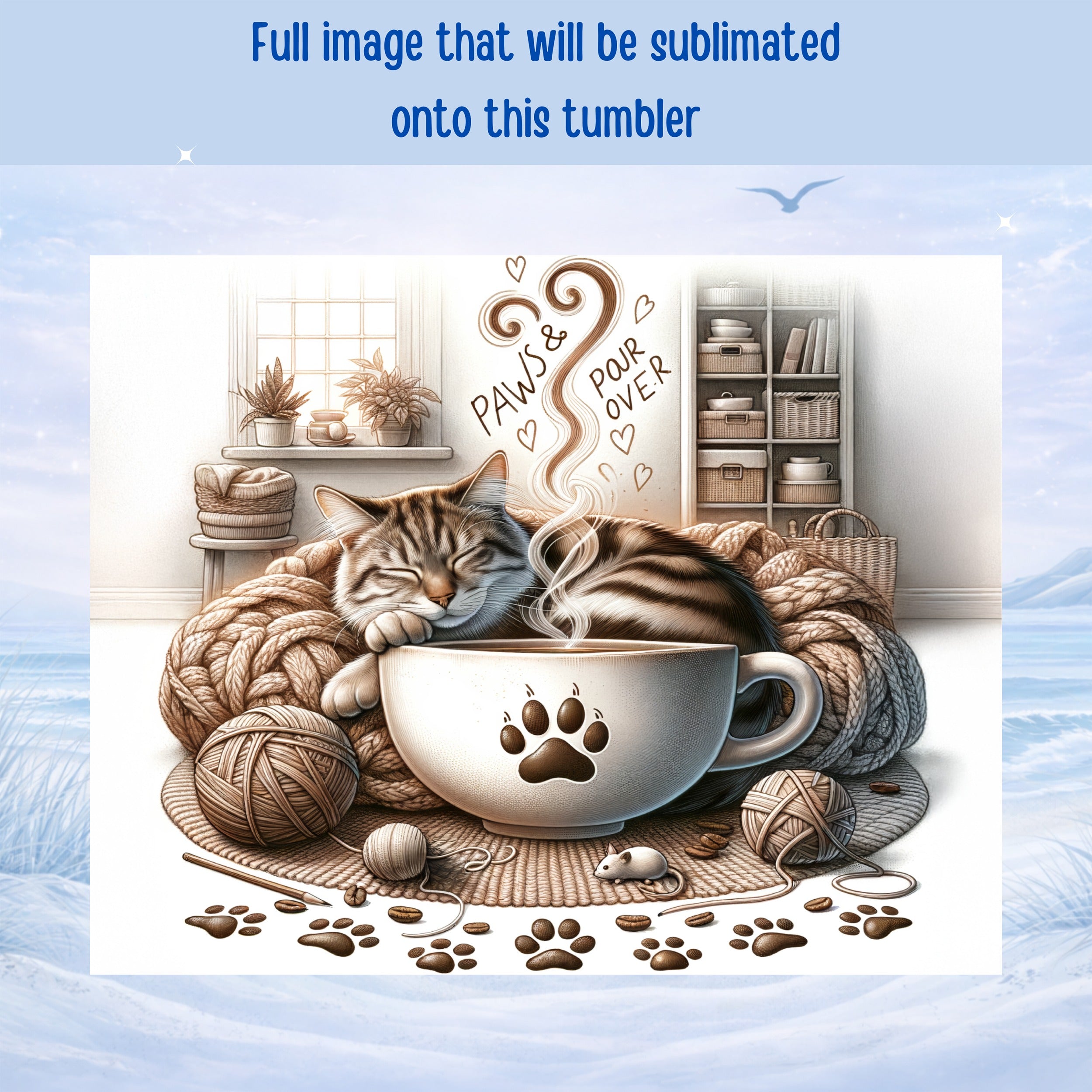 Cat sleeping in a coffee cup with "Paws & Pour Over" text.