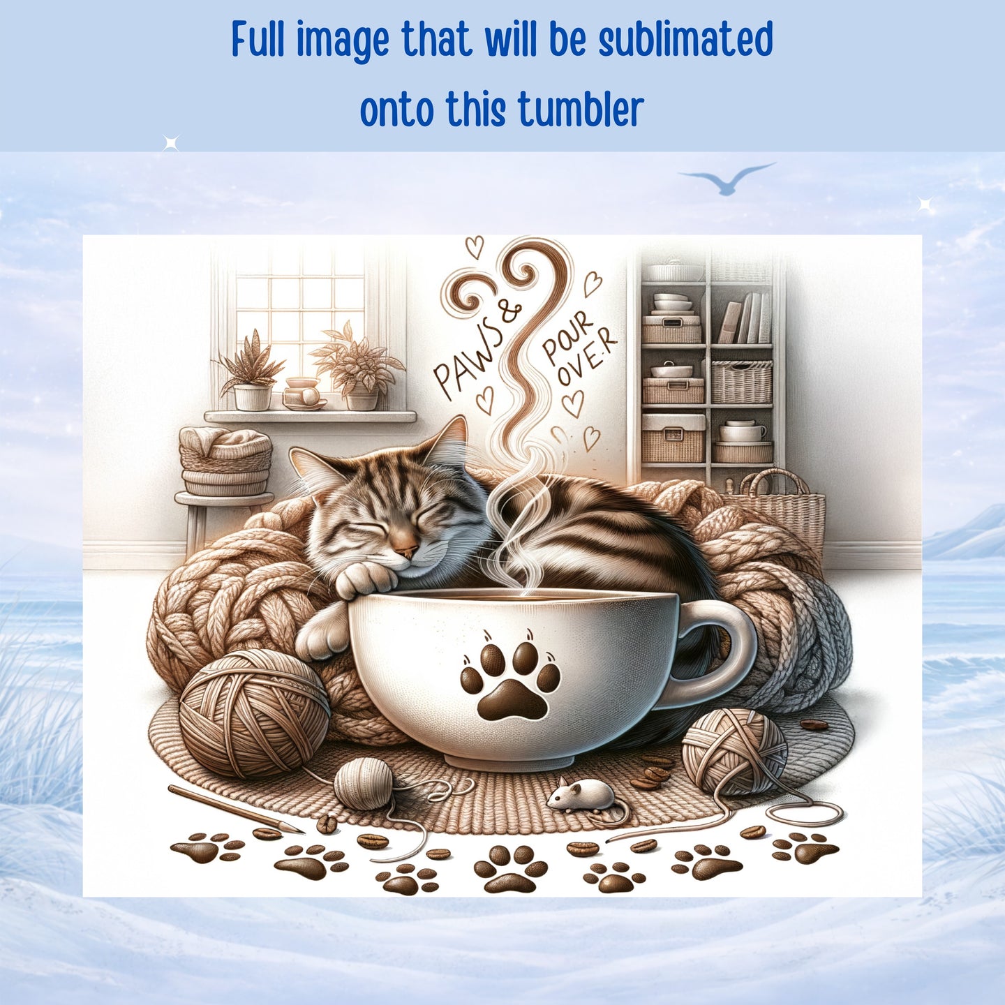 Cat sleeping in a coffee cup with "Paws & Pour Over" text.