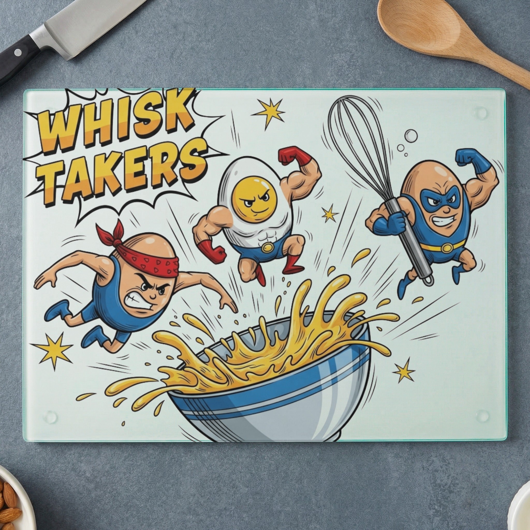 Whisk Takers text over muscular cartoon eggs leaping into a bowl of batter.