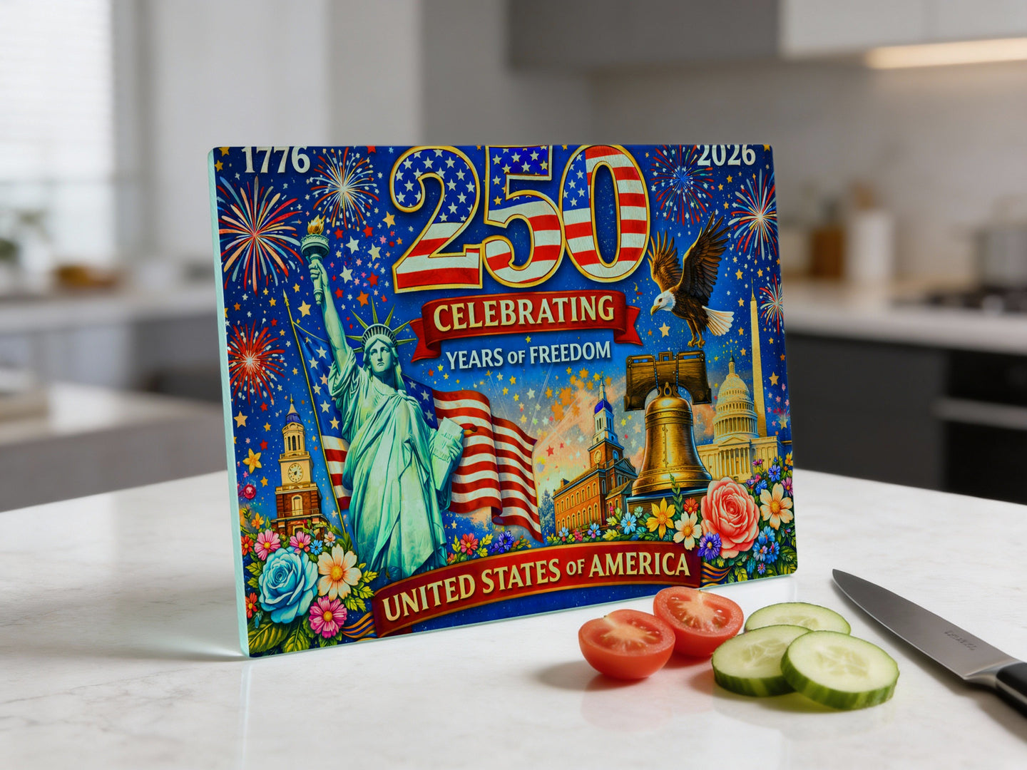 2026 250 Years of Freedom celebration plate with Statue of Liberty, flag, and fireworks.