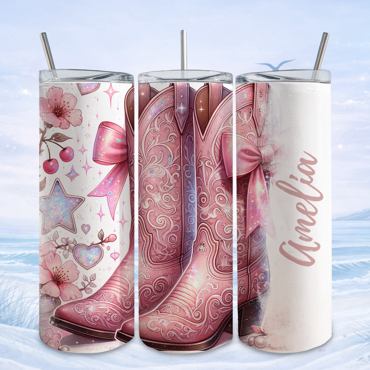 Pink glitter cowboy boots with flowers and stars, name Amelia.