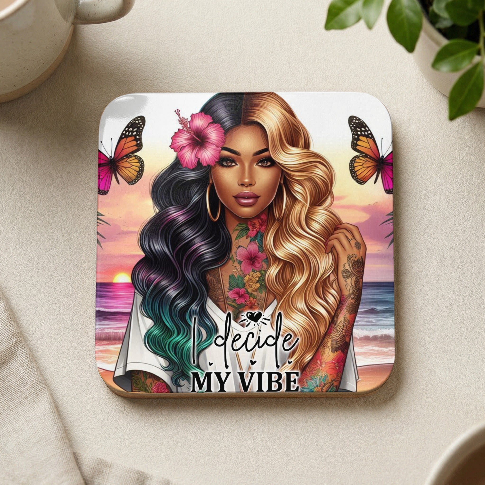 Woman with colorful tattoos and split hair, butterflies, sunset beach, "I Decide MY VIBE" text.