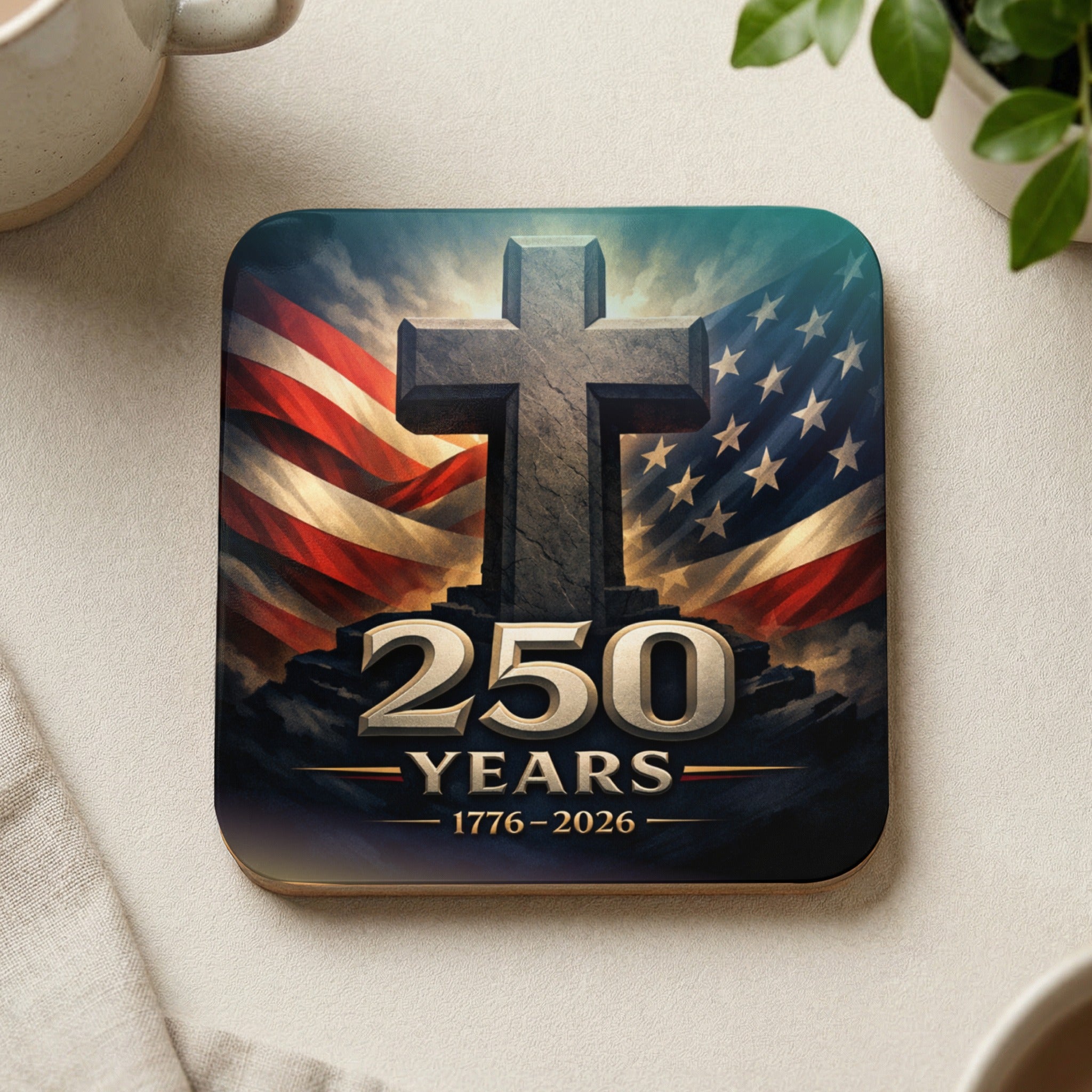 Cross and American flag with "250 Years 1776-2026" text.