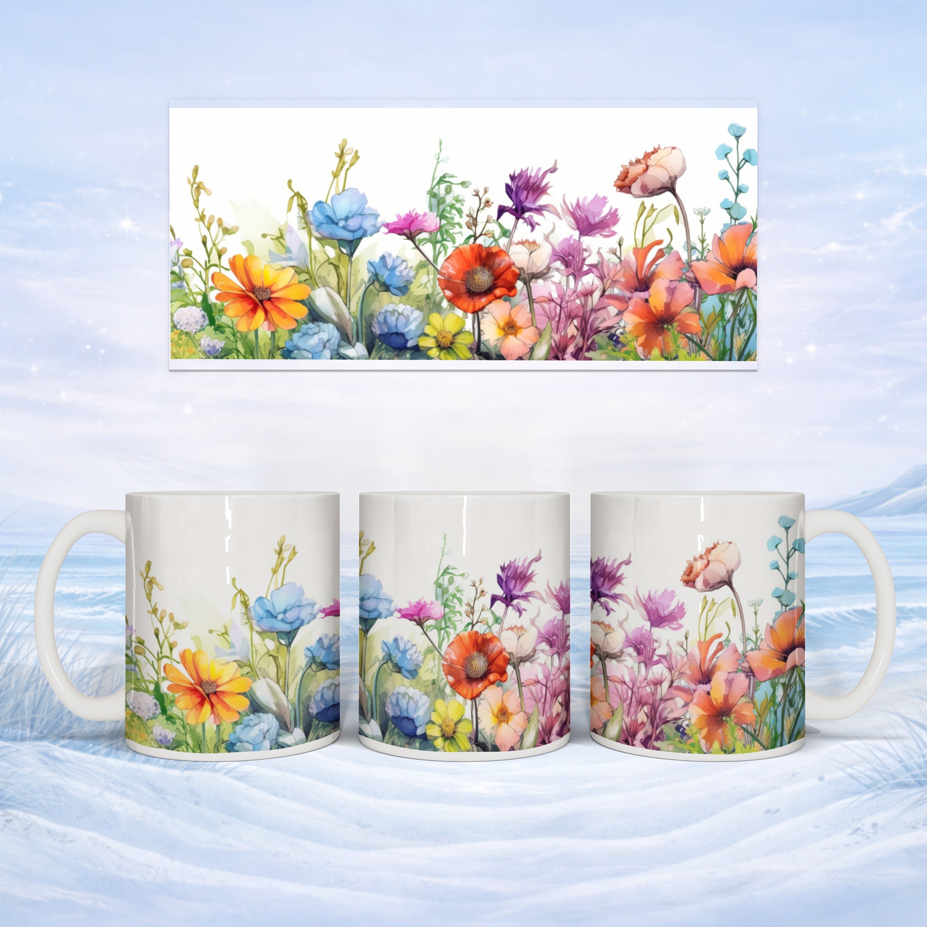 Mug with floral pattern and matching decorative band.