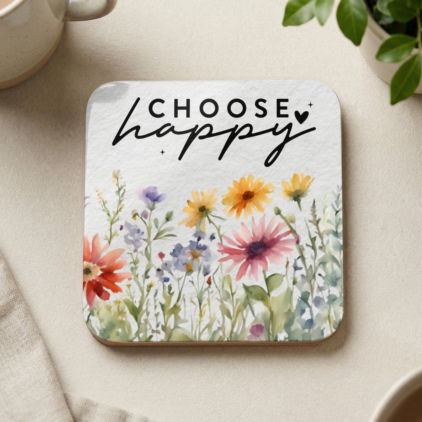 Square coaster with watercolor wildflowers and "CHOOSE happy" text.