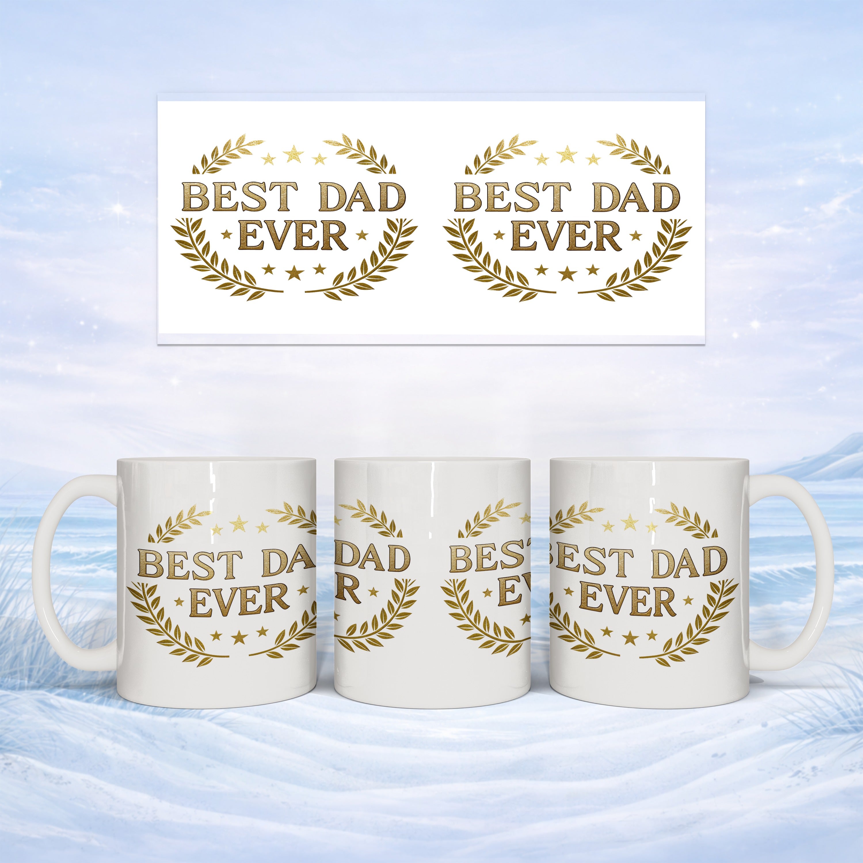 White mugs with "BEST DAD EVER" text and laurel wreaths.