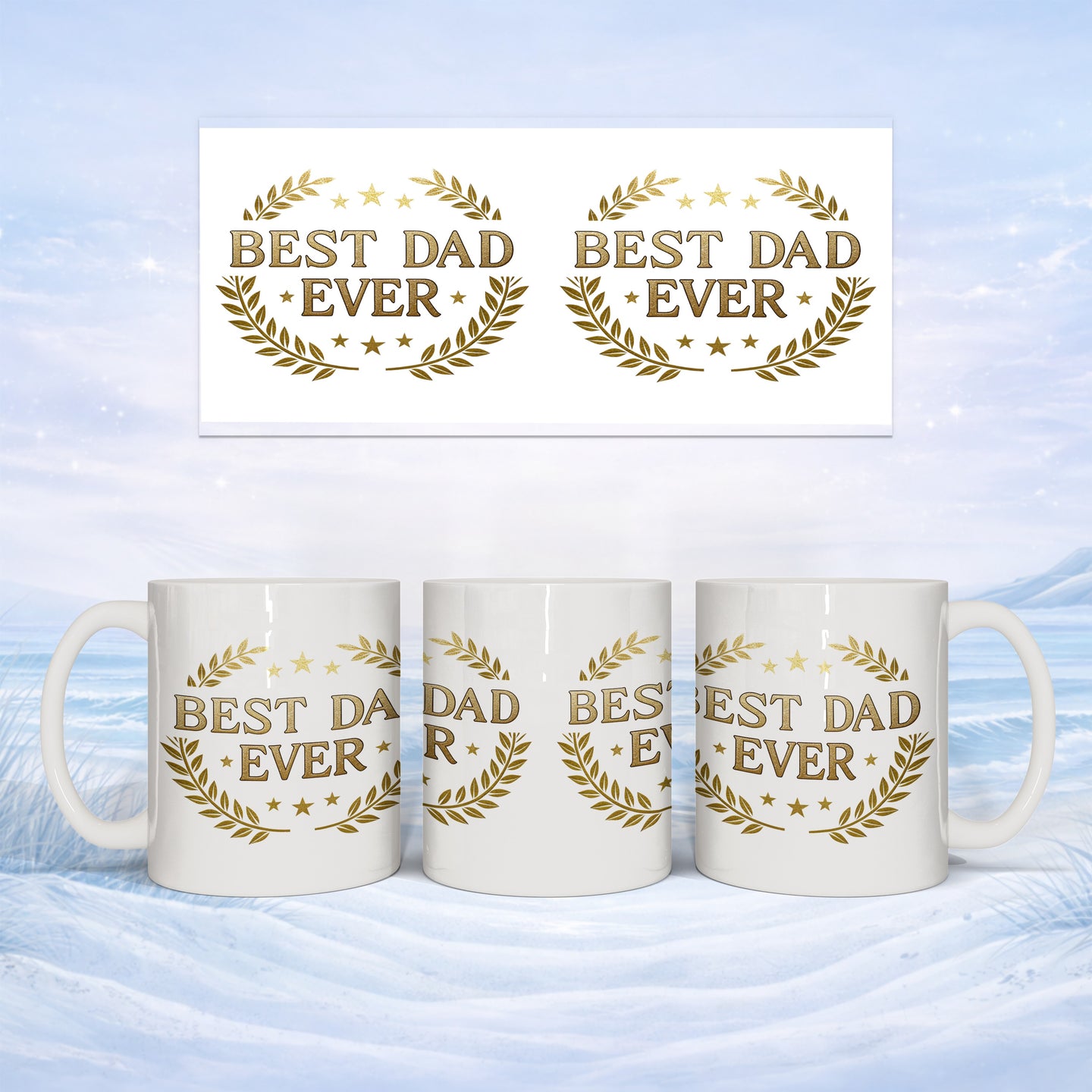White mugs with "BEST DAD EVER" text and laurel wreaths.