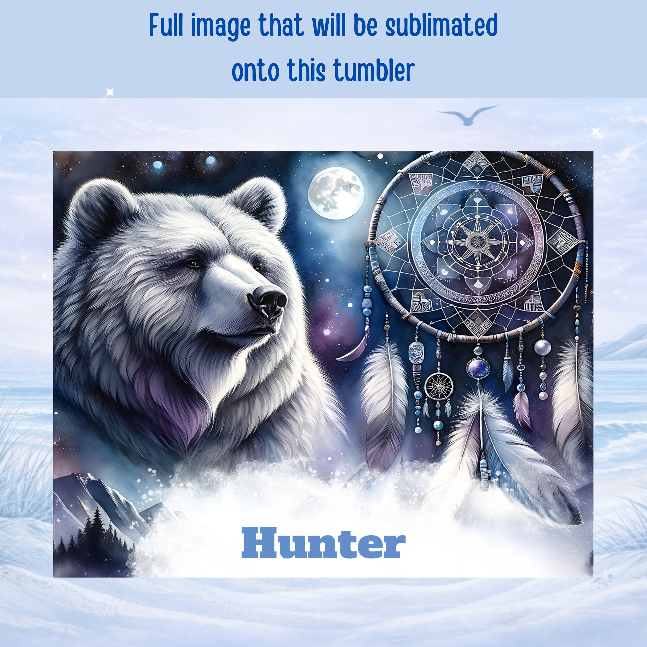 White bear and dreamcatcher design with mountains and moon.