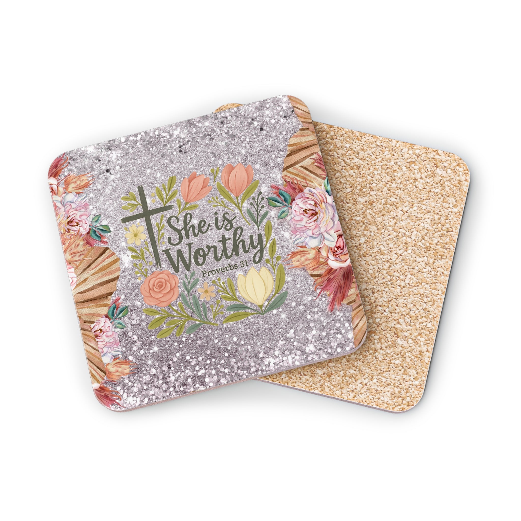 Glittery coaster with floral design and "She is Worthy" text.