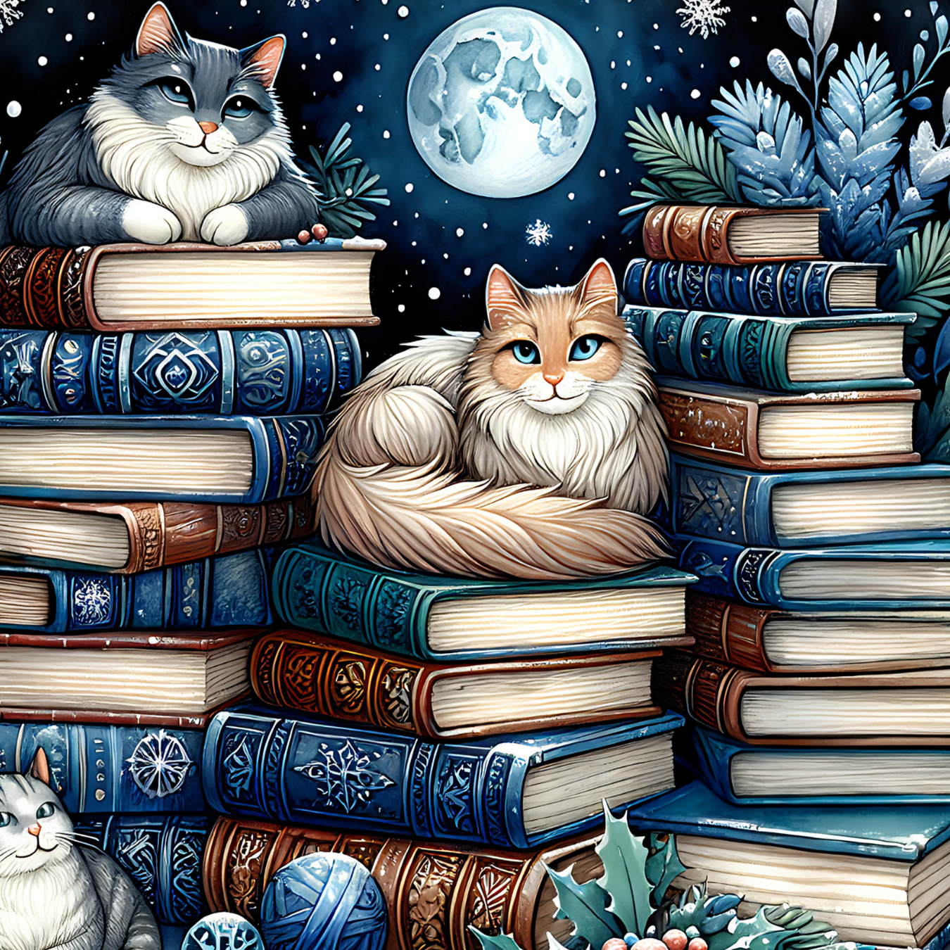 Two cats rest on stacks of old books under a full moon.