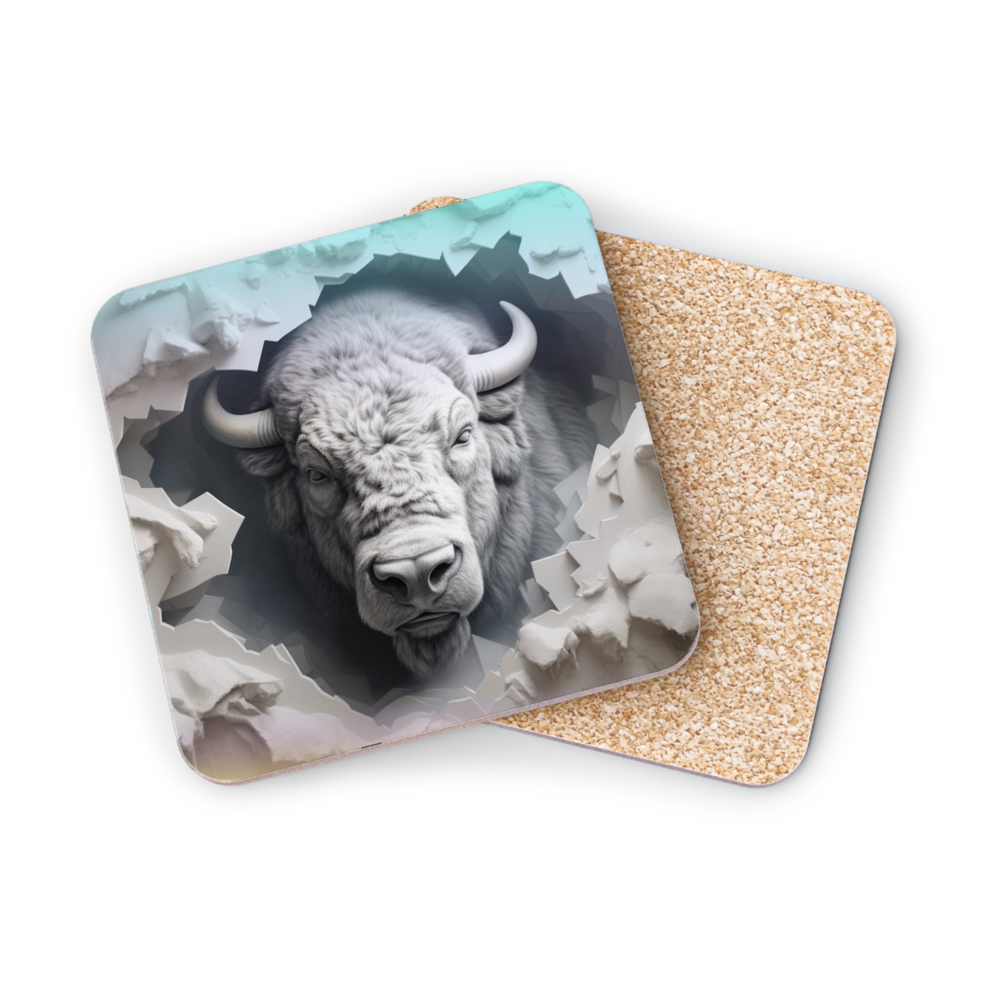 White bison emerging from a cracked, icy background on a cork coaster.