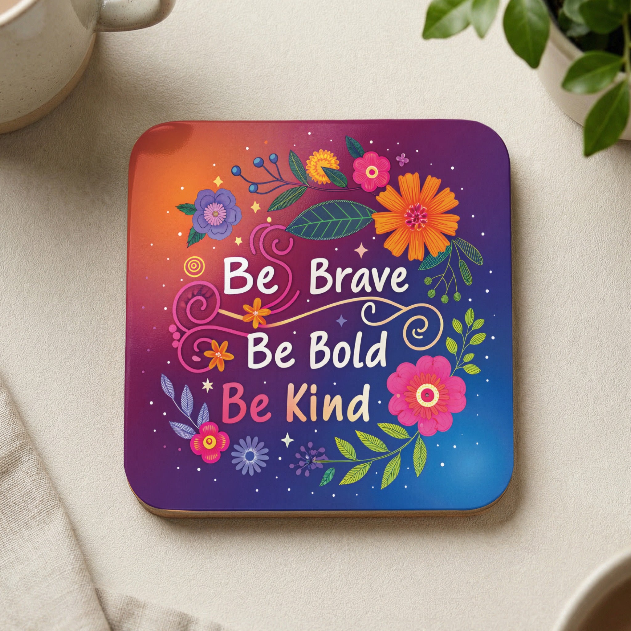 Coaster with floral design and text "Be Brave Be Bold Be Kind".