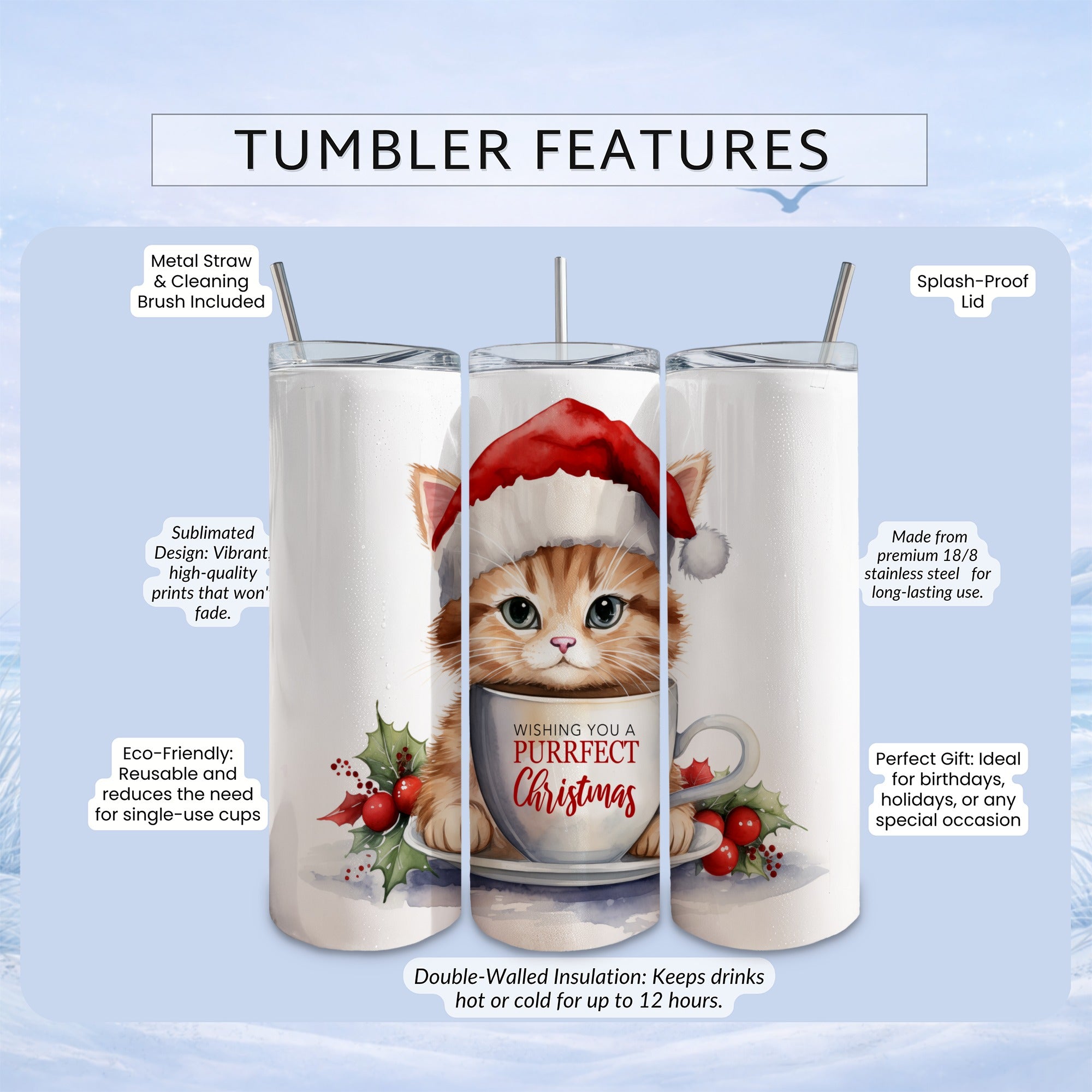 White tumbler with kitten in Santa hat and "Purrfect Christmas" text.
