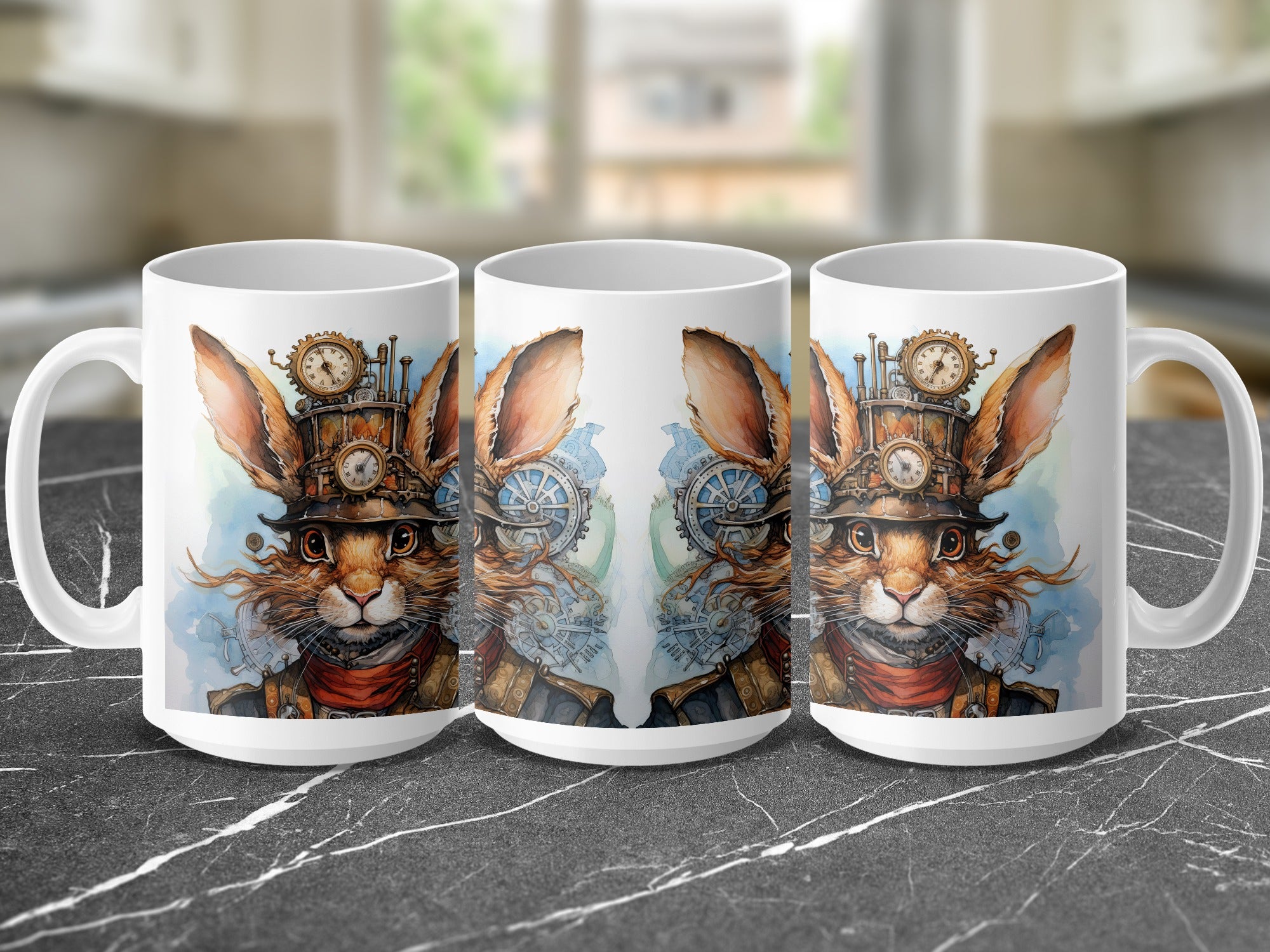 Steampunk rabbit with goggles on a white mug.