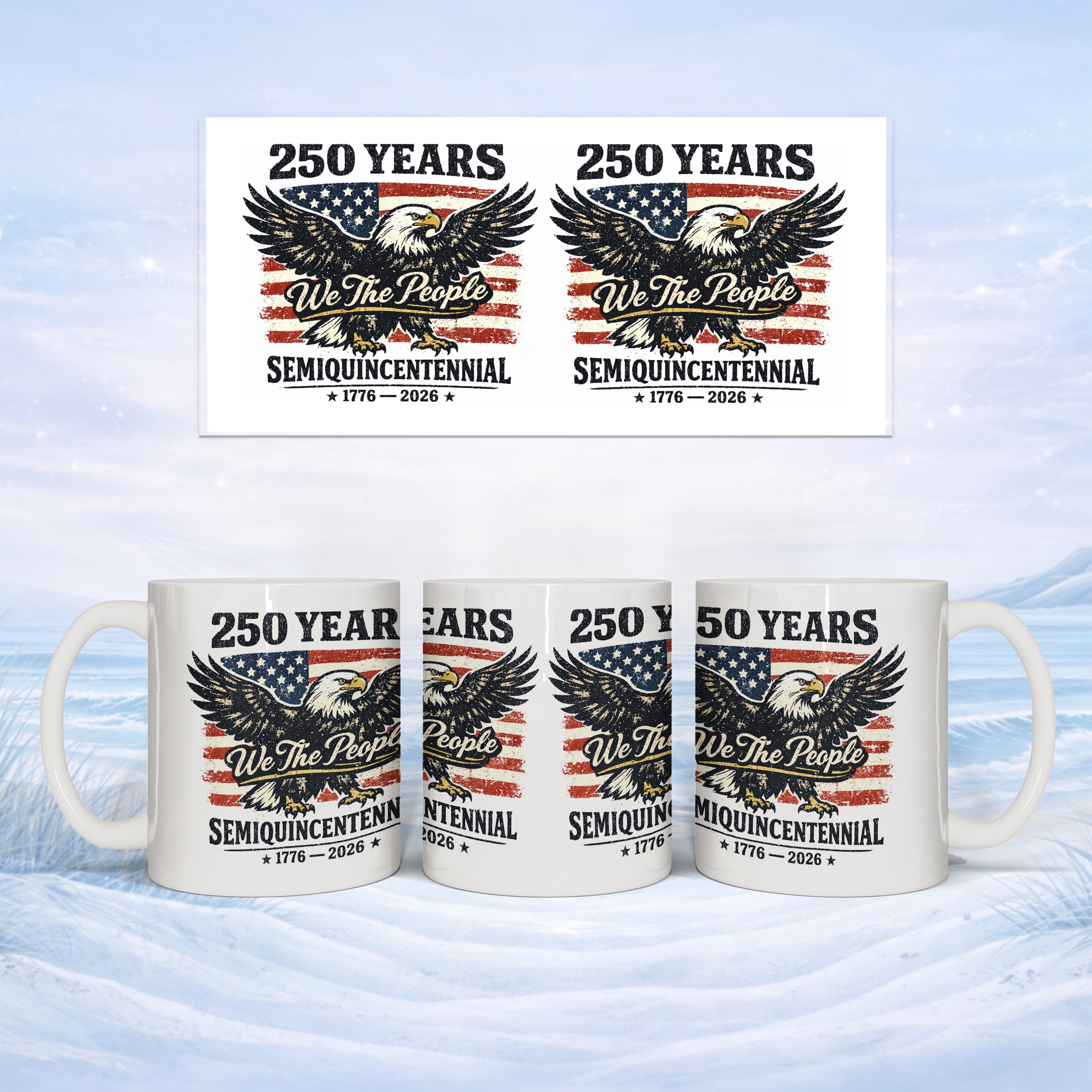 Mug with eagle and "250 Years Semiquincentennial 1776-2026" text.