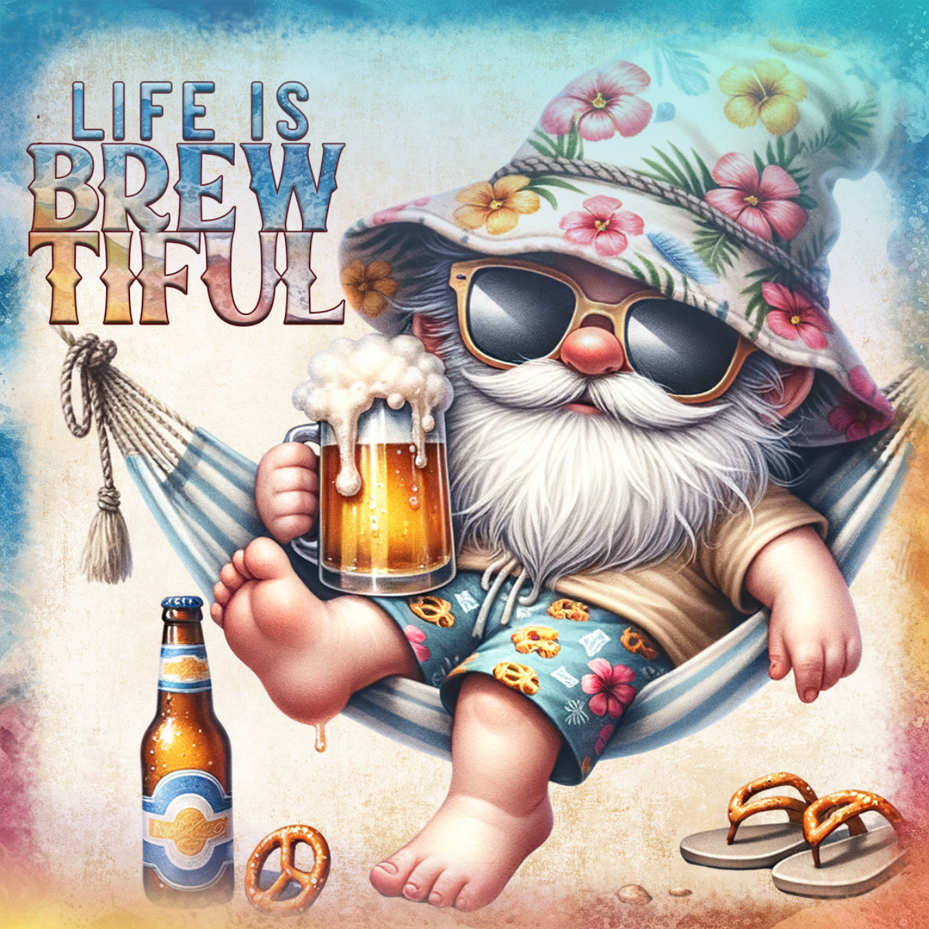 Gnome in a hammock with beer and sunglasses, "Life is Brewtiful" text.