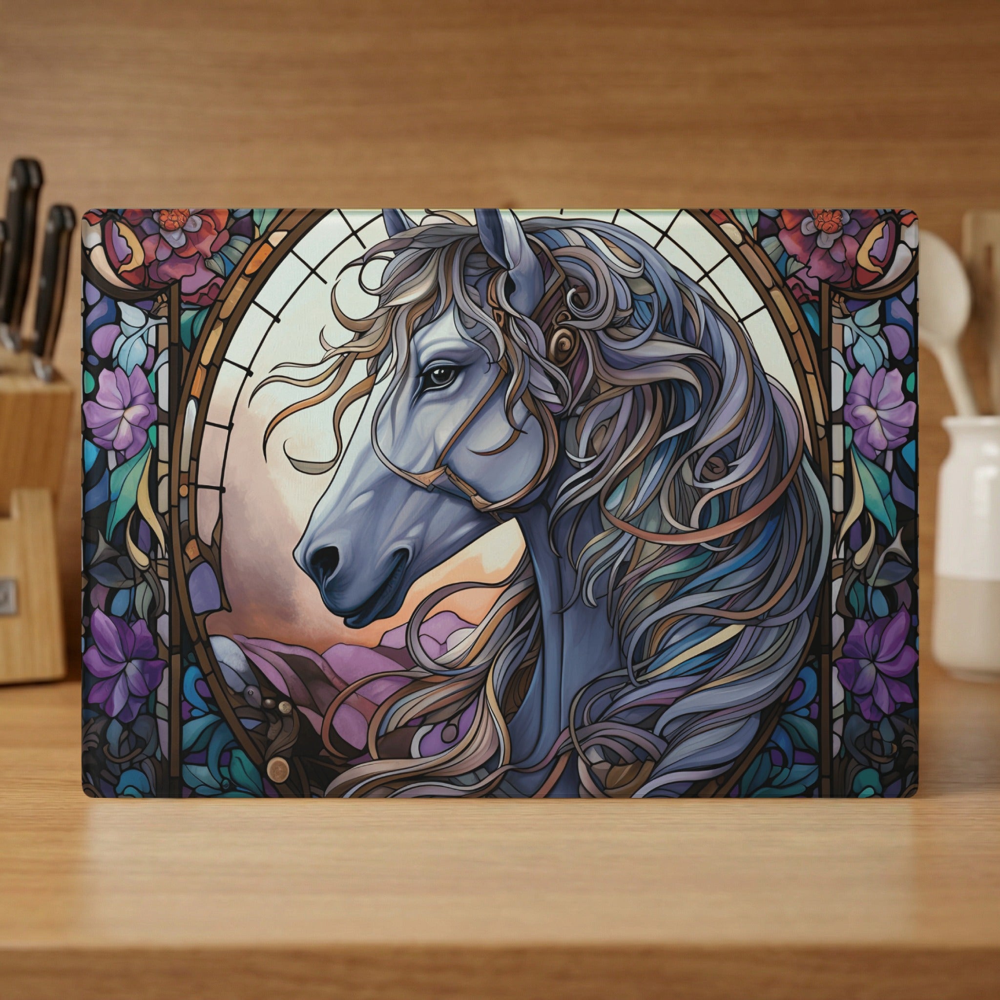 Stained glass-style horse head artwork on a cutting board.