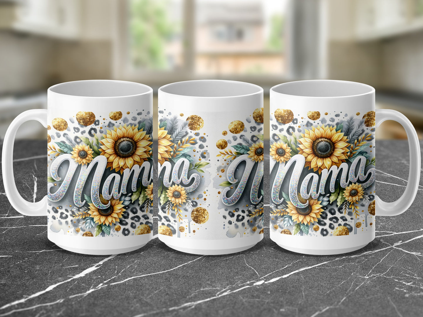 White mug with "Mamma" in glitter lettering and sunflower design.