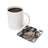 Woman with leopard print top and flowers on a coffee coaster.