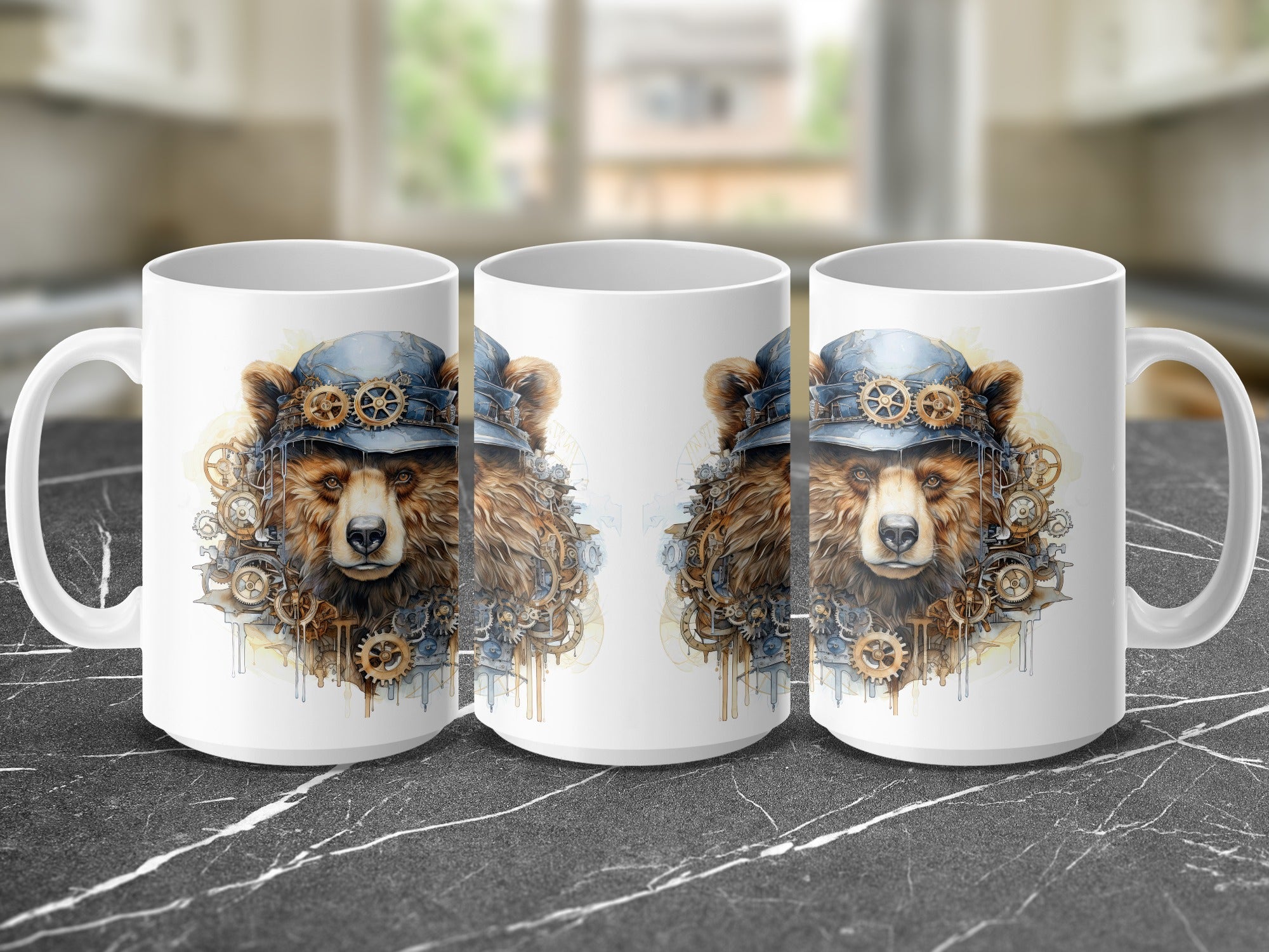 Steampunk bear wearing a hat on a white mug.