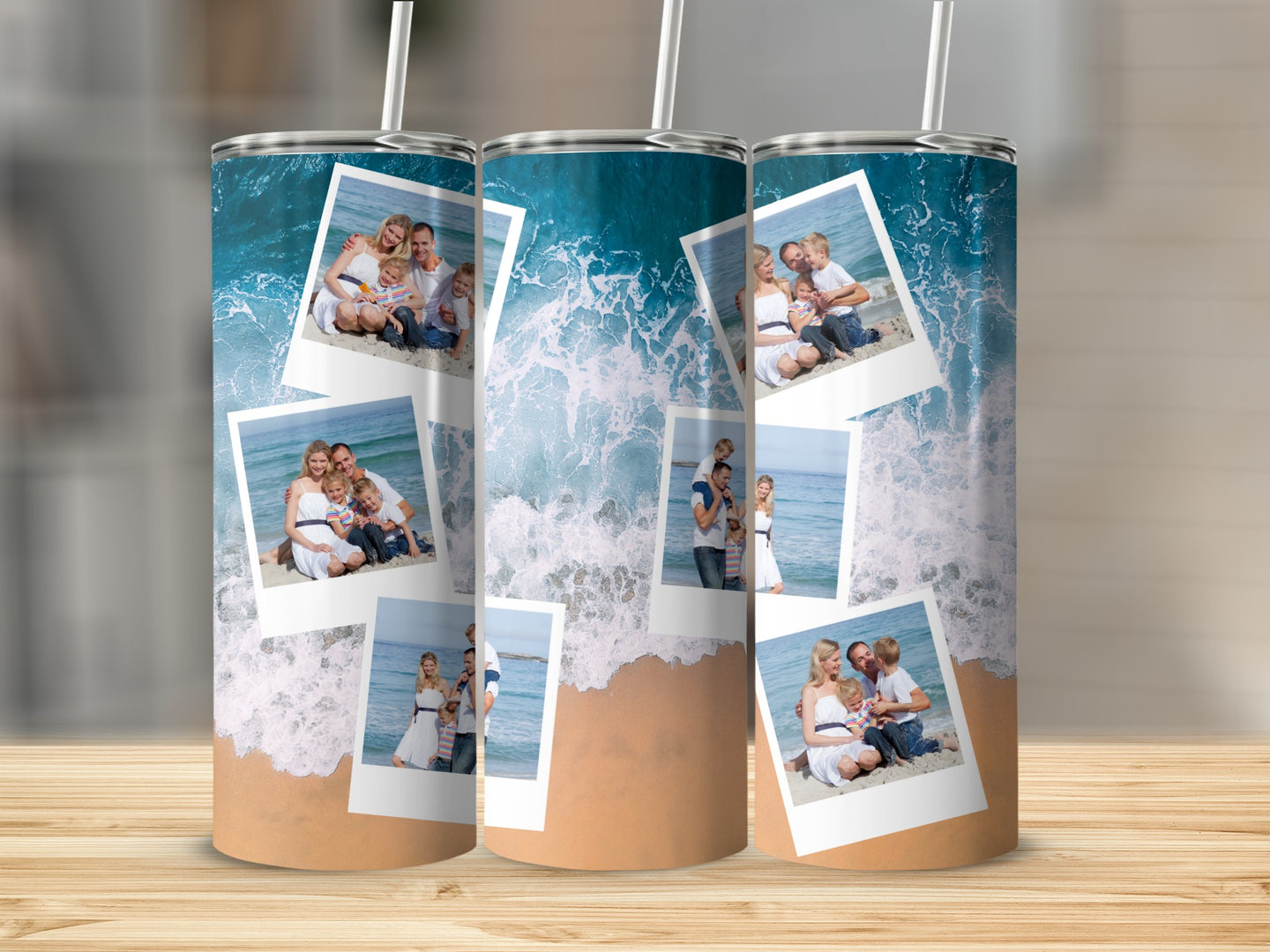 Three tumblers with beach family photos and ocean waves.