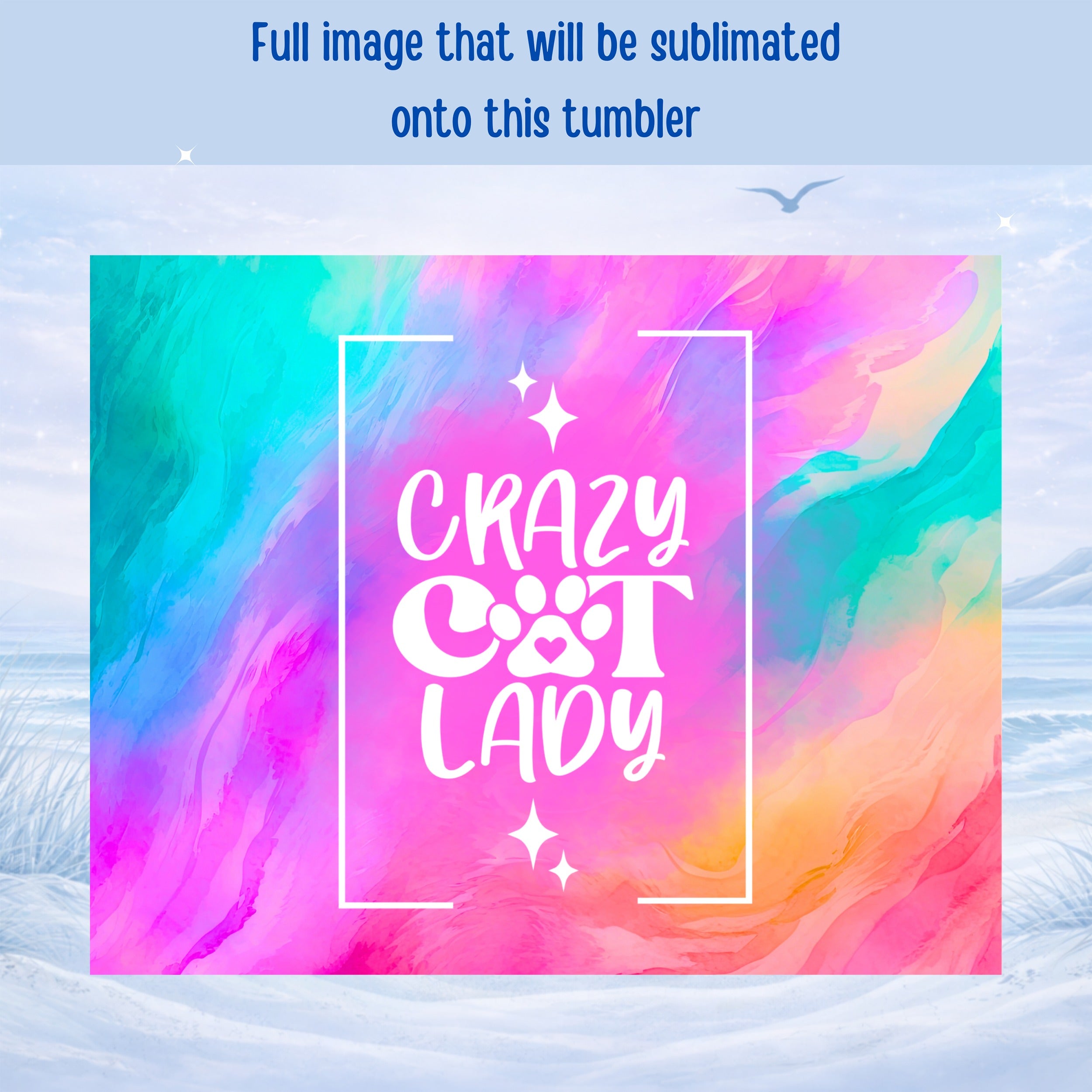 Crazy Cat Lady design with colorful watercolor background and white frame.