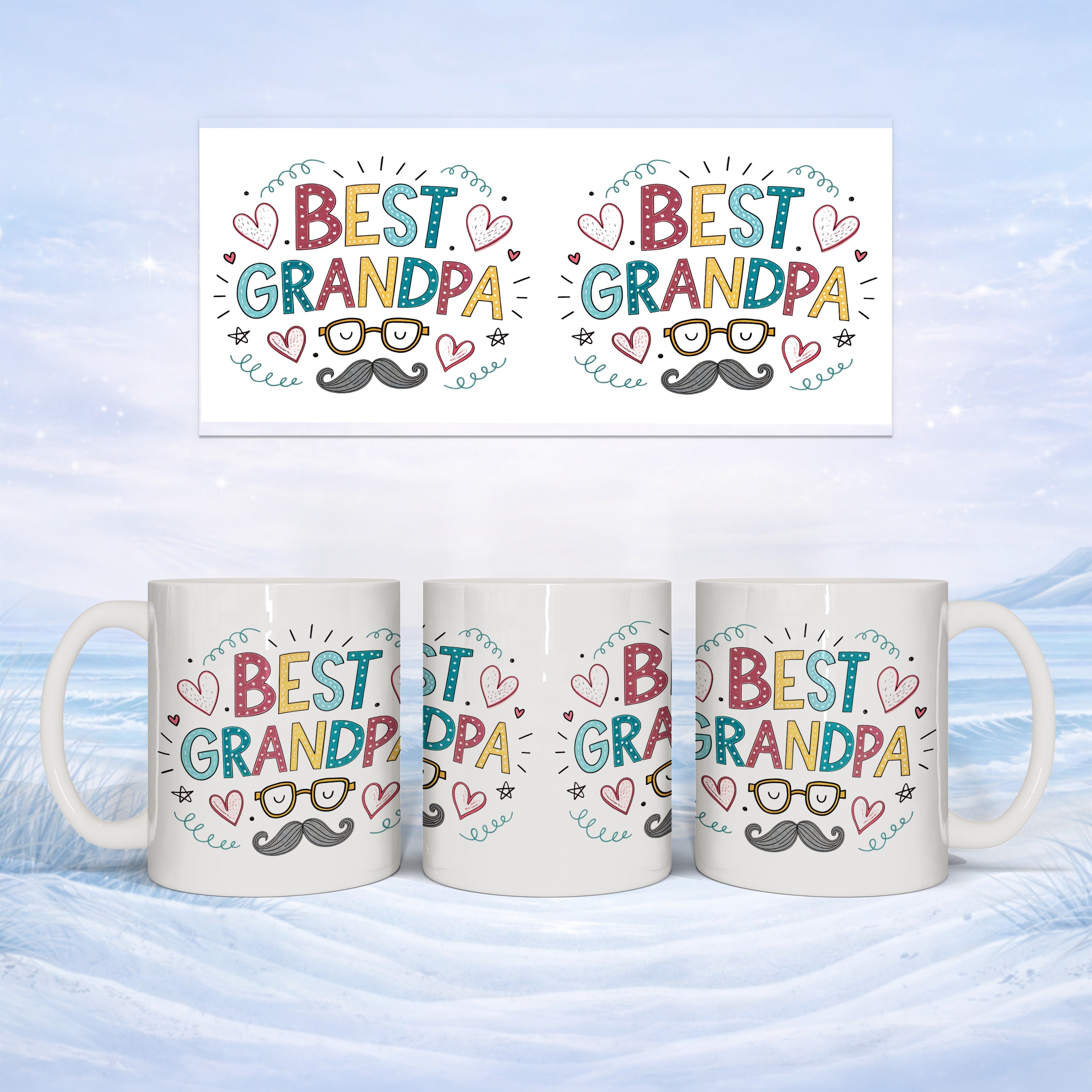 Three ceramic mugs and a card featuring "BEST GRANDPA" with mustache and hearts.