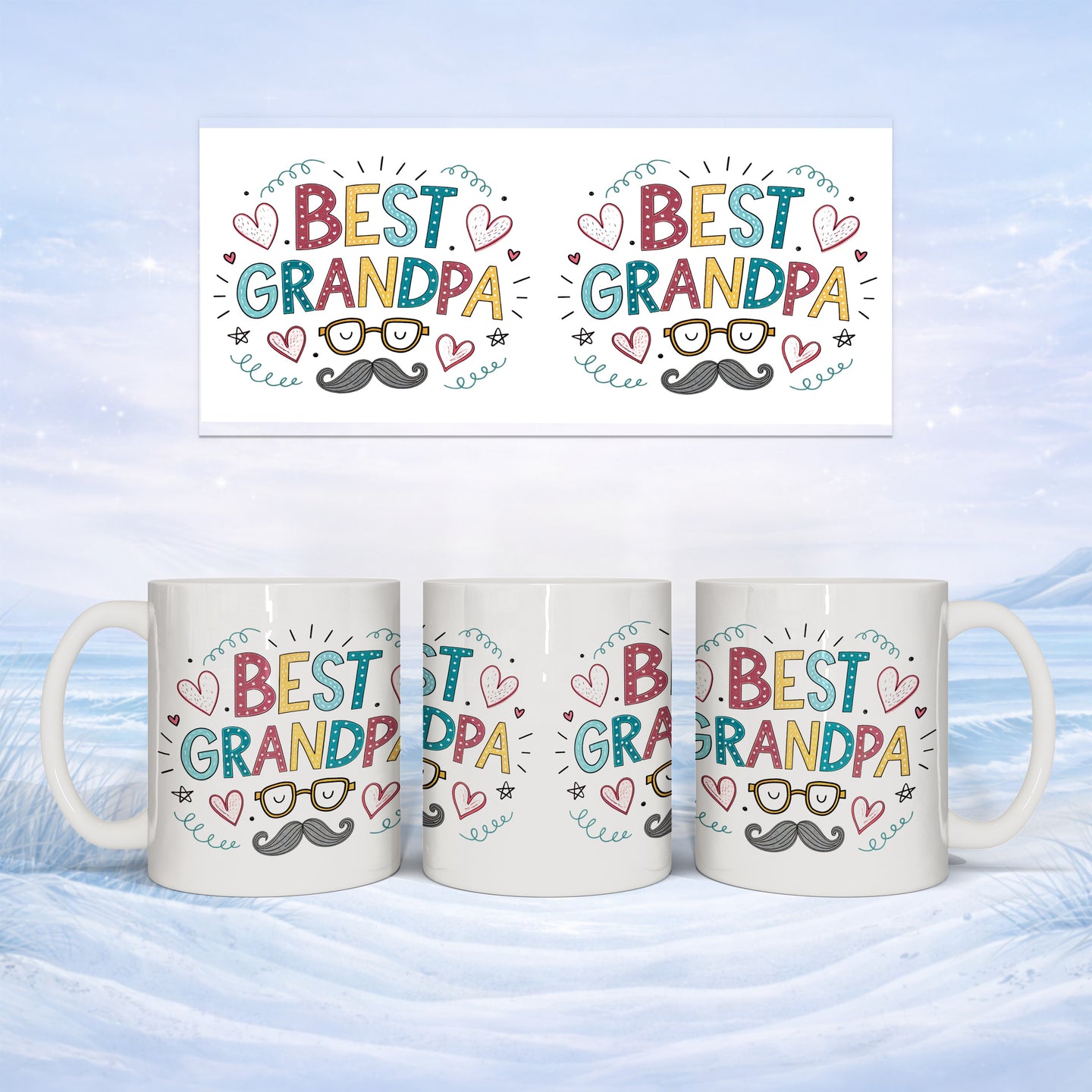 Three ceramic mugs and a card featuring "BEST GRANDPA" with mustache and hearts.