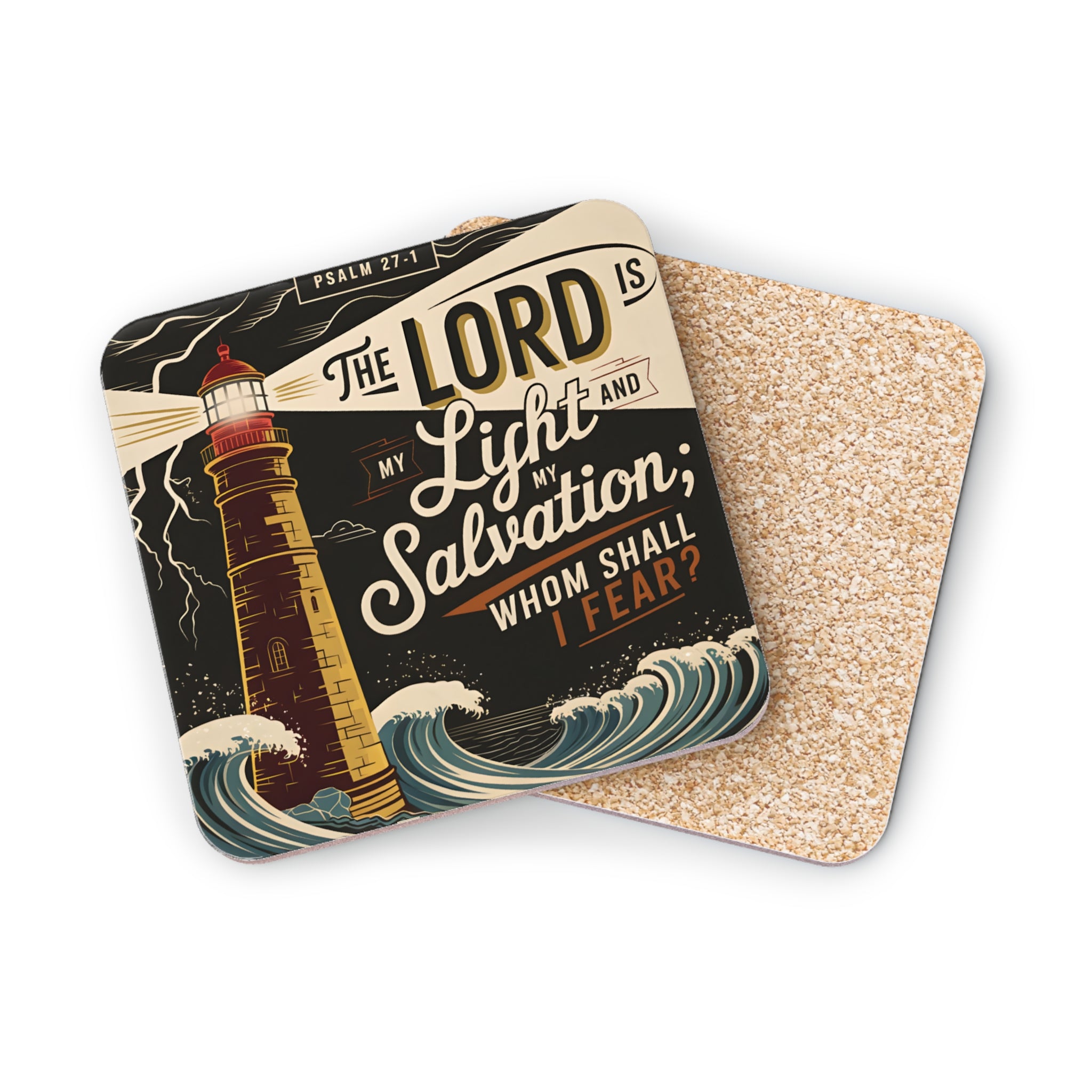 Coaster with lighthouse and text "The Lord is my light and my salvation".