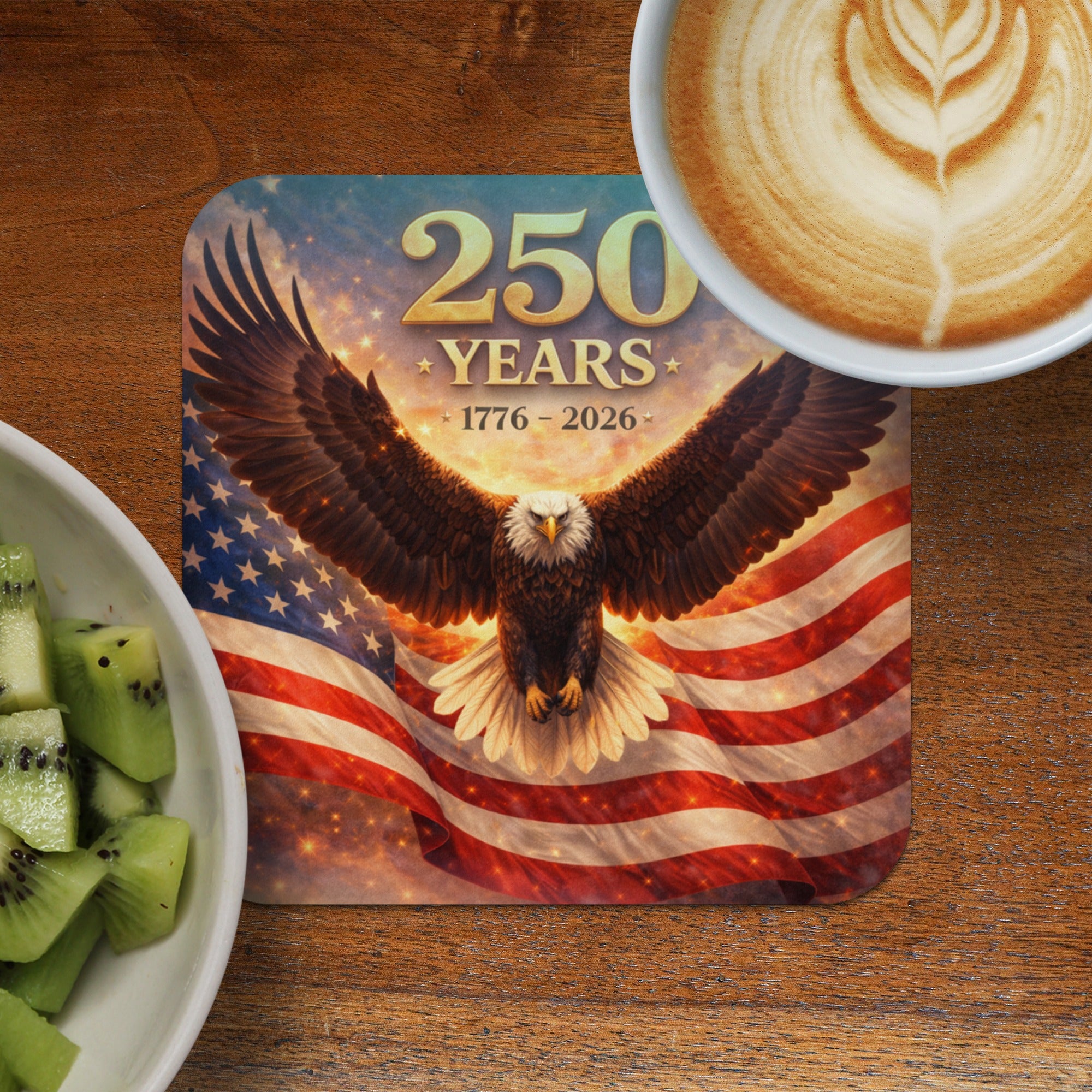 Coaster with bald eagle and American flag, celebrating 250 years: 1776-2026.